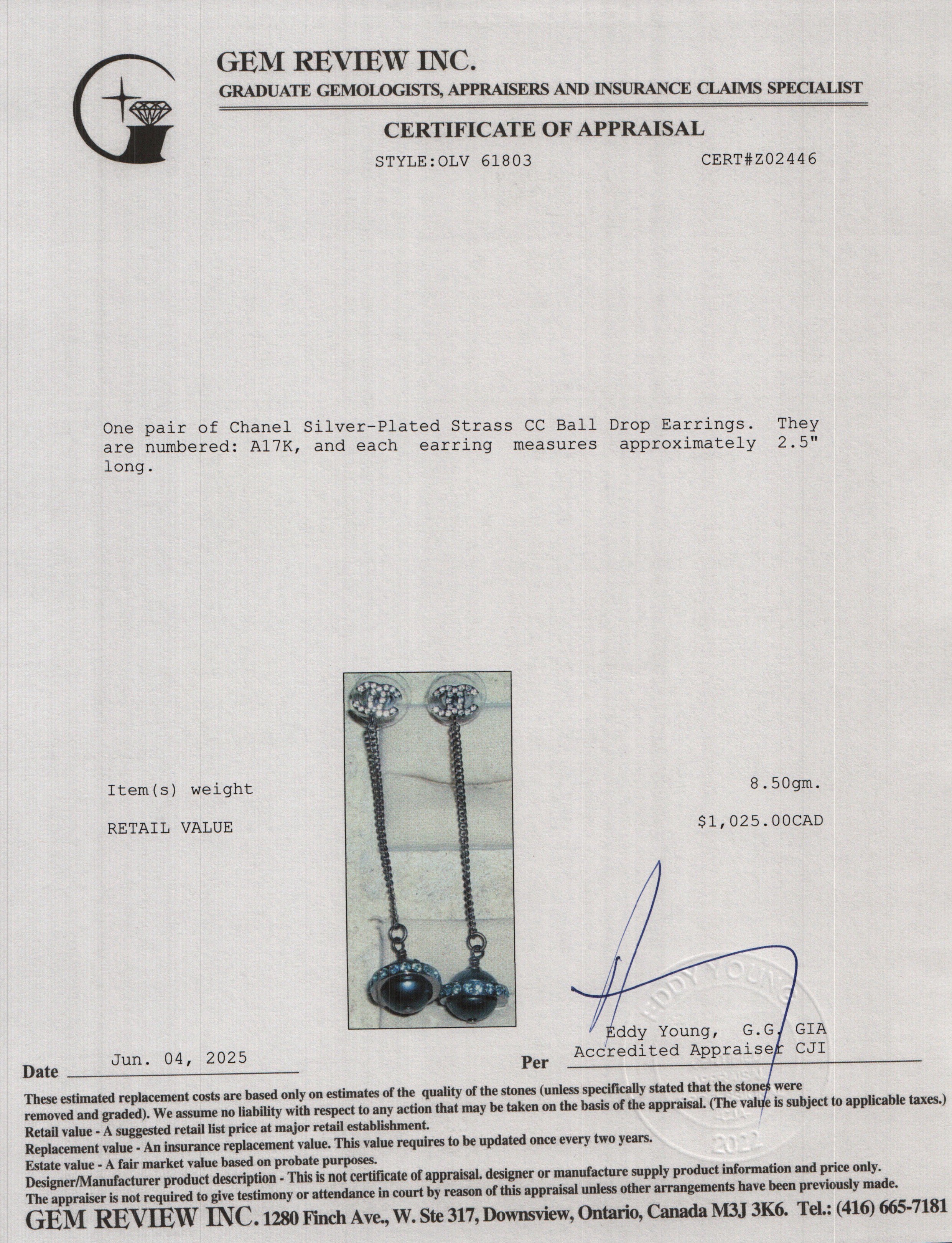 Chanel Silver-Plated Strass CC Ball Drop Earrings w/ Box