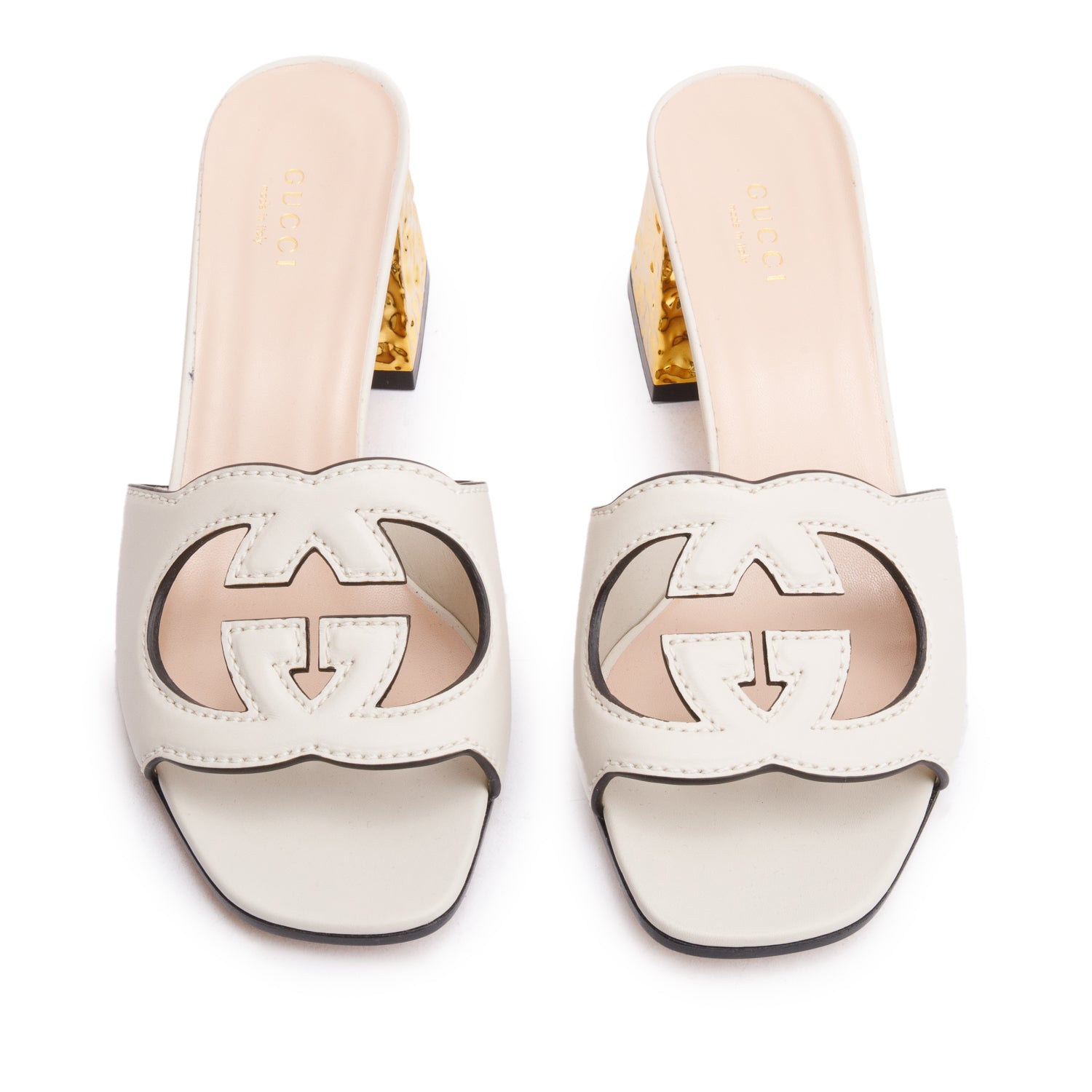 Gucci White Leather Interlocking G Cutout Slide Sandals, Size 38 w/ Box