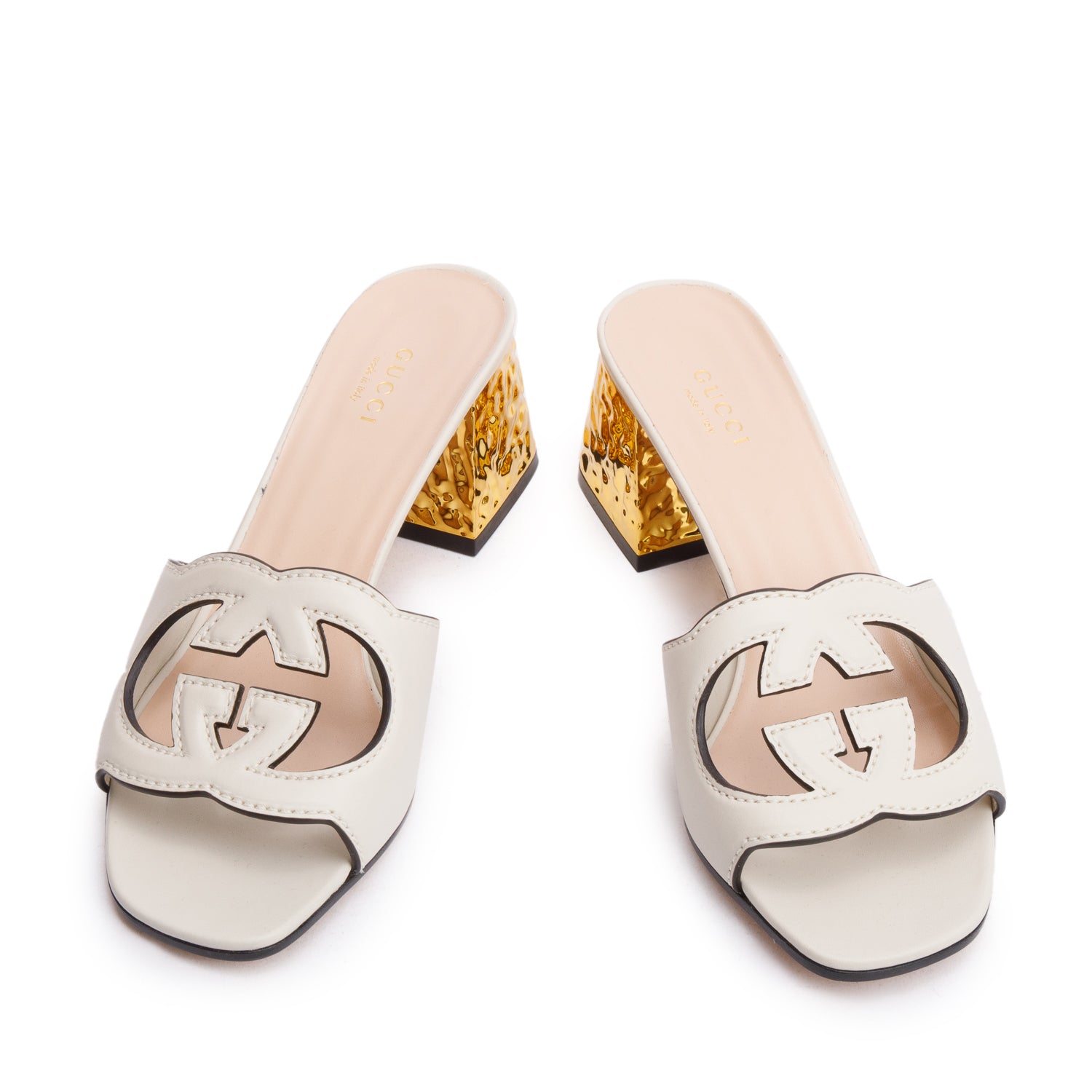 Gucci White Leather Interlocking G Cutout Slide Sandals, Size 38 w/ Box