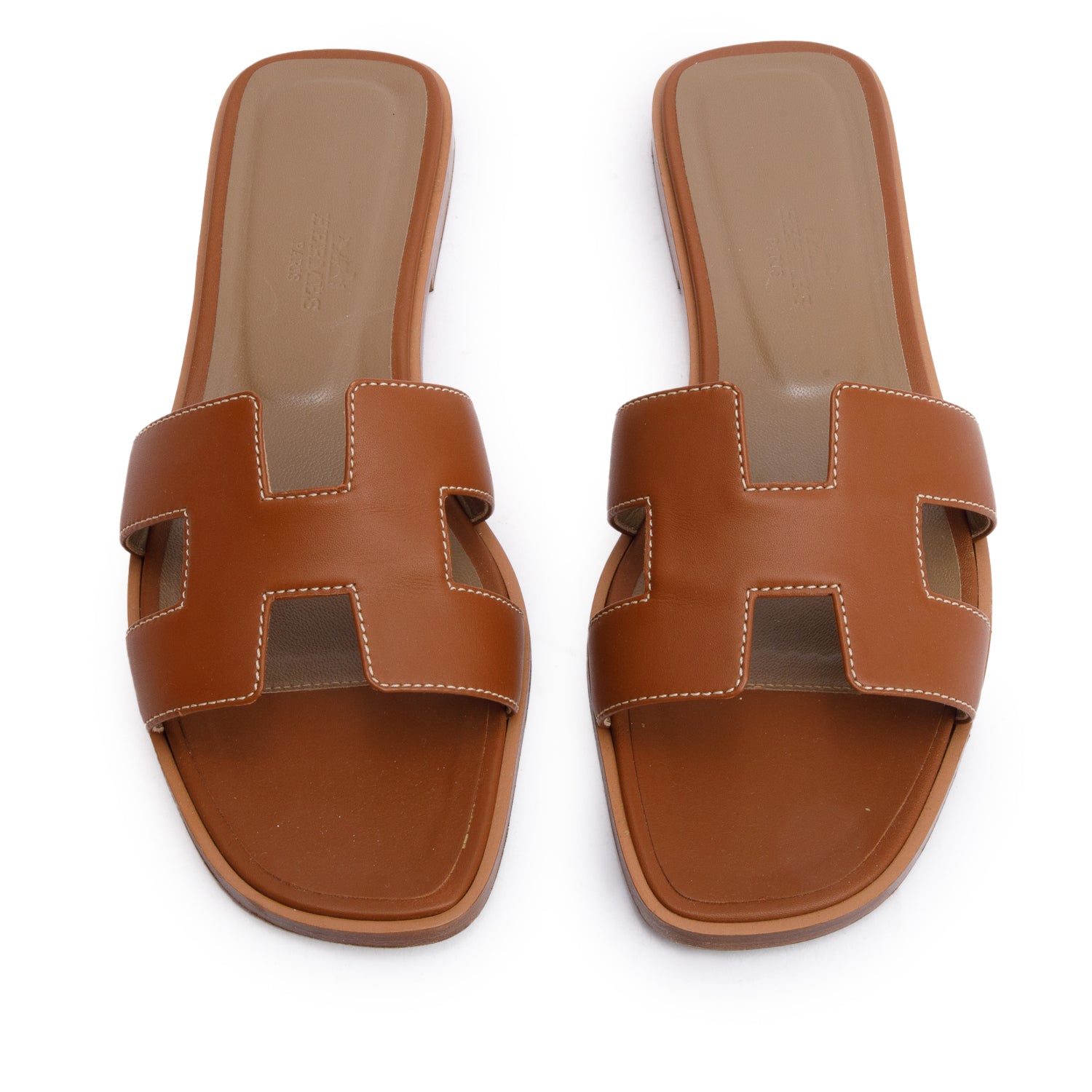 Hermes Gold Box Leather Oran Sandals, Size 38 w/ Box