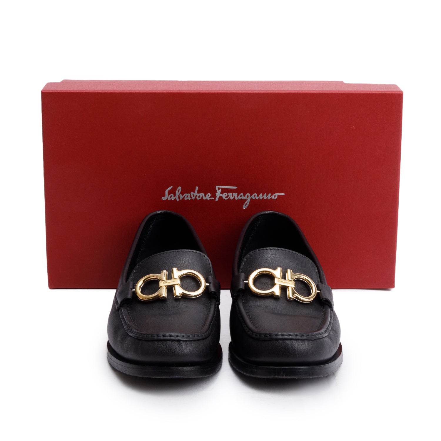 Salvatore Ferragamo Black Leather Gancini Moccasin, Size 7 w/ Box