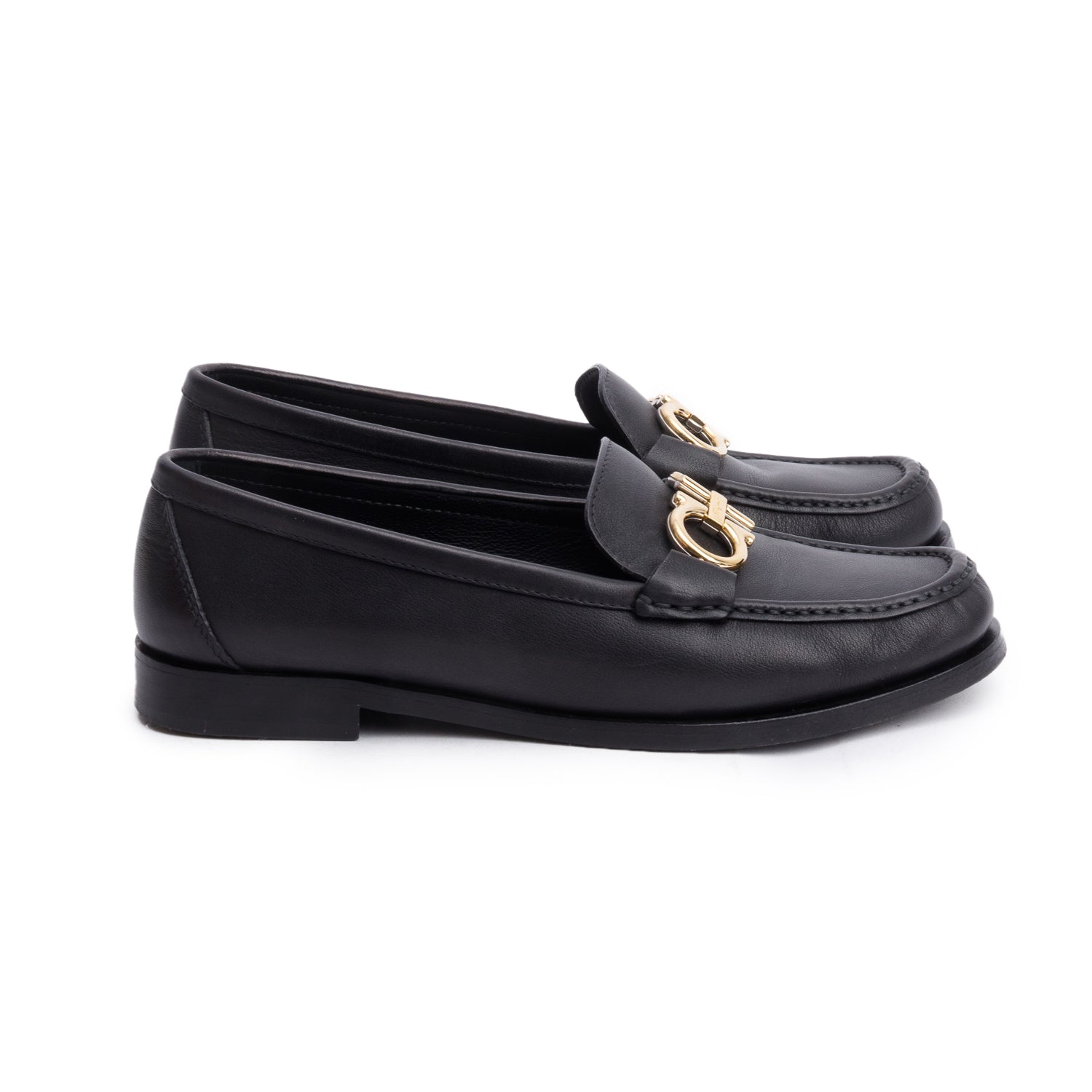 Salvatore Ferragamo Black Leather Gancini Moccasin, Size 7 w/ Box