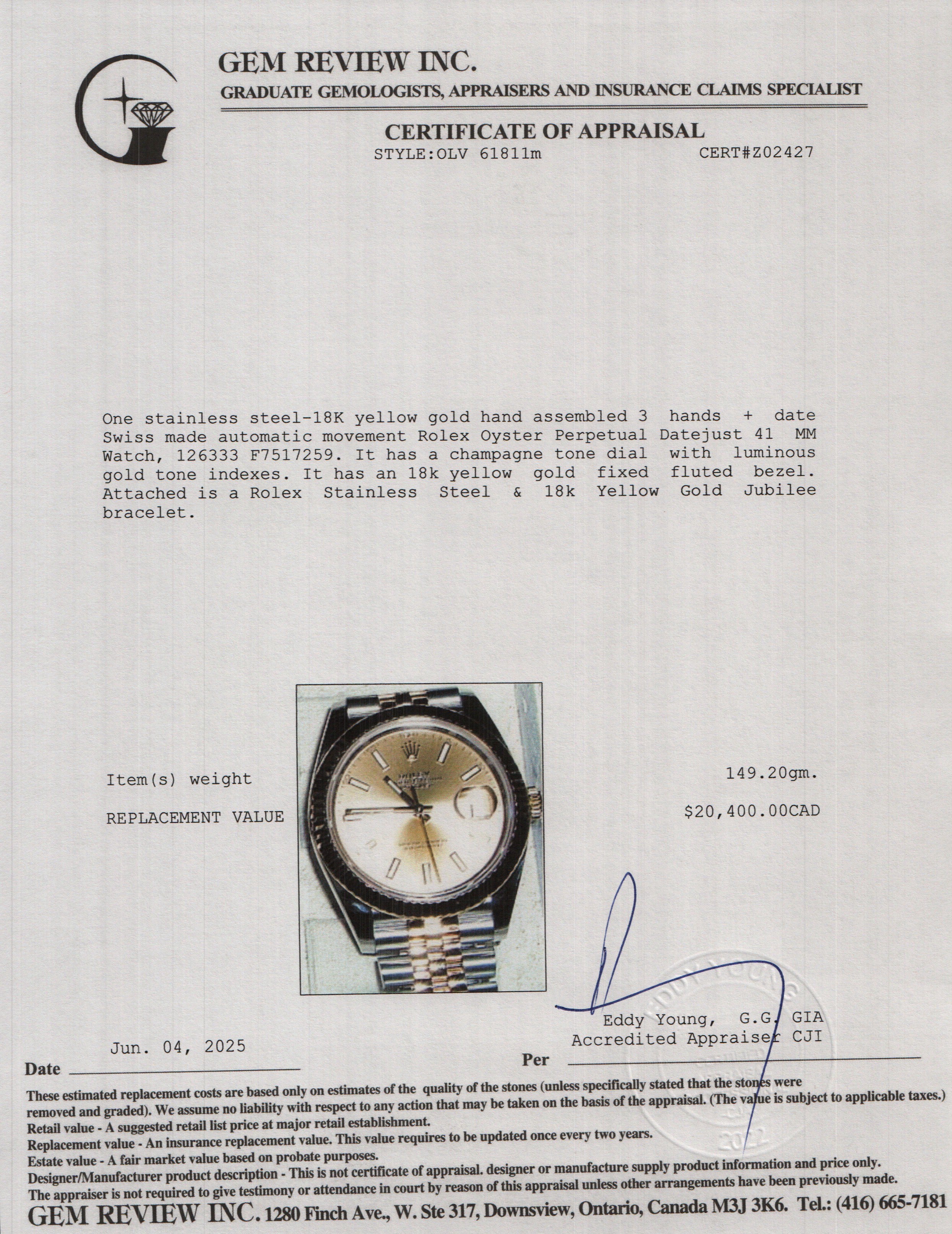 Rolex 2021 Stainless Steel & 18k Yellow Gold Oyster Perpetual Datejust 41 MM Watch Gold Dial 126333 w/ Box & Papers