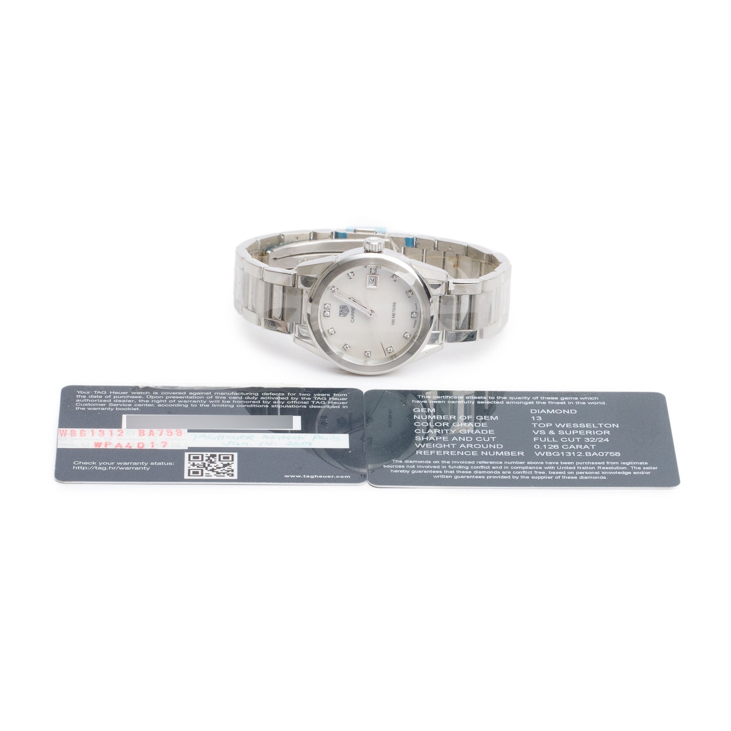 Tag Heuer Stainless Steel Carrera 36 MM Quartz Watch Mother of Pearl Diamond Dial WBG1312 w/ Papers