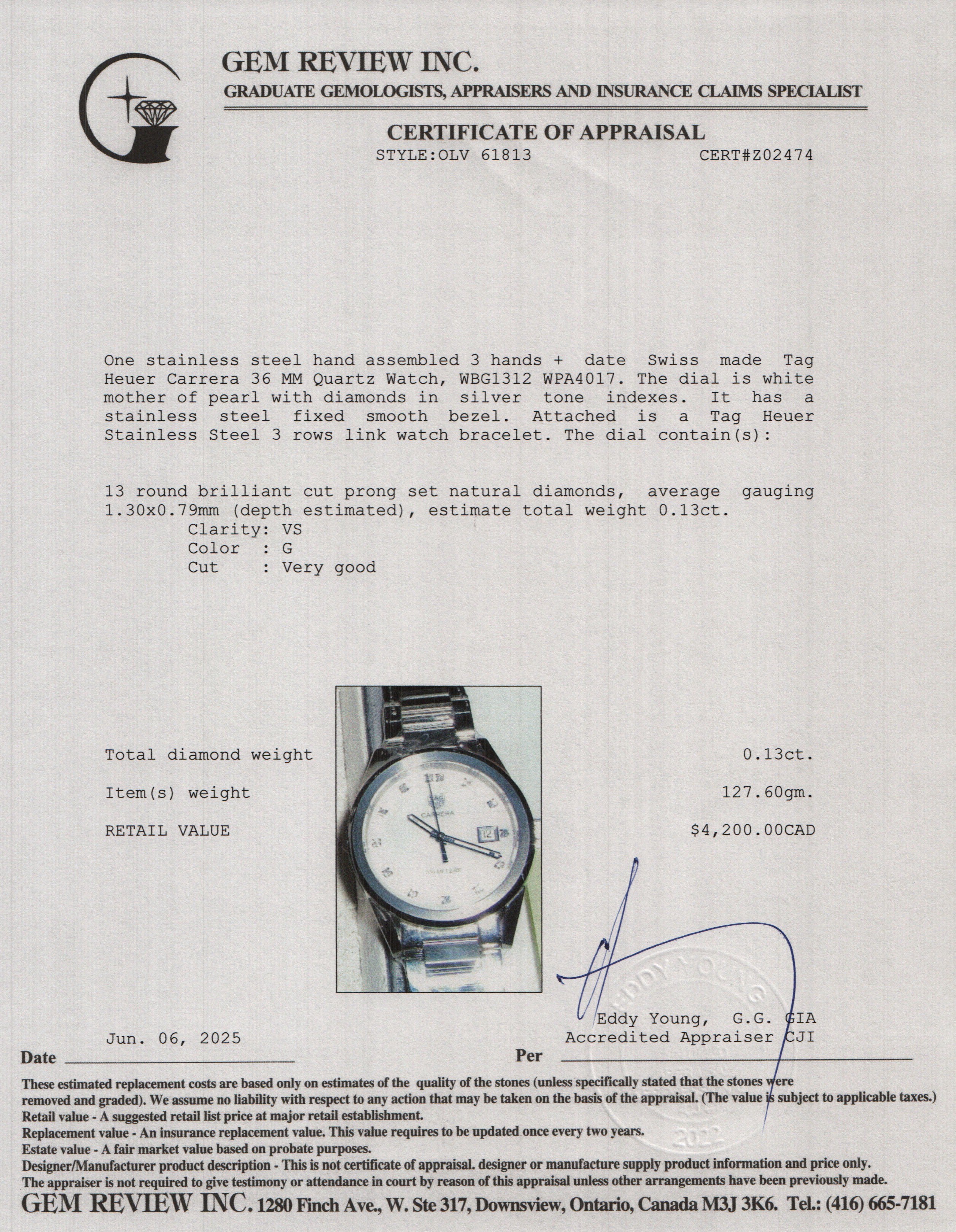 Tag Heuer Stainless Steel Carrera 36 MM Quartz Watch Mother of Pearl Diamond Dial WBG1312 w/ Papers