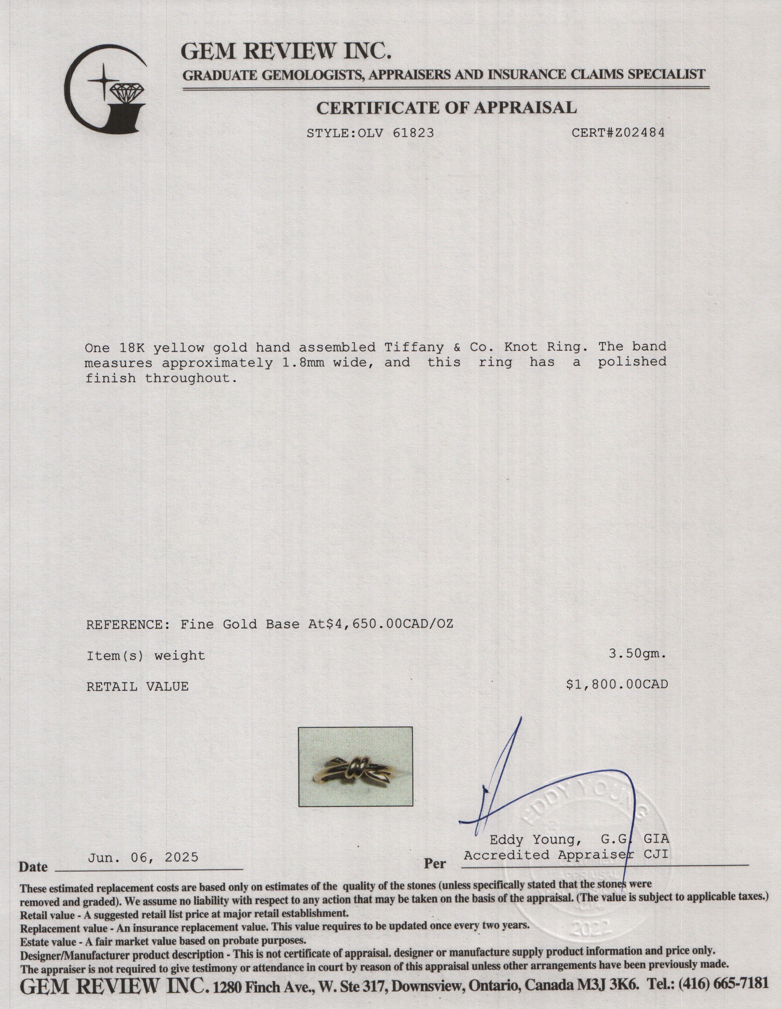 Tiffany & Co. 18k Yellow Gold Knot Ring, Size 4.5