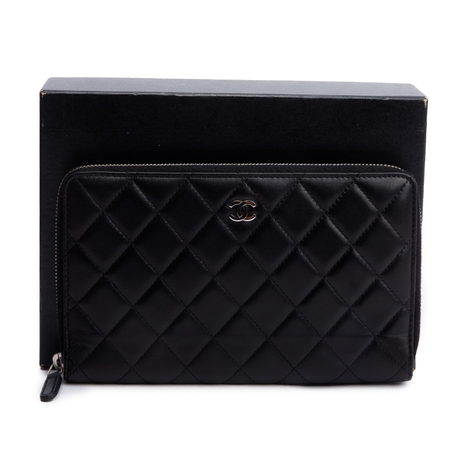 Chanel Black Lambskin Leather Large Zip Around Organizer Wallet w/ Box & Authenticity Card