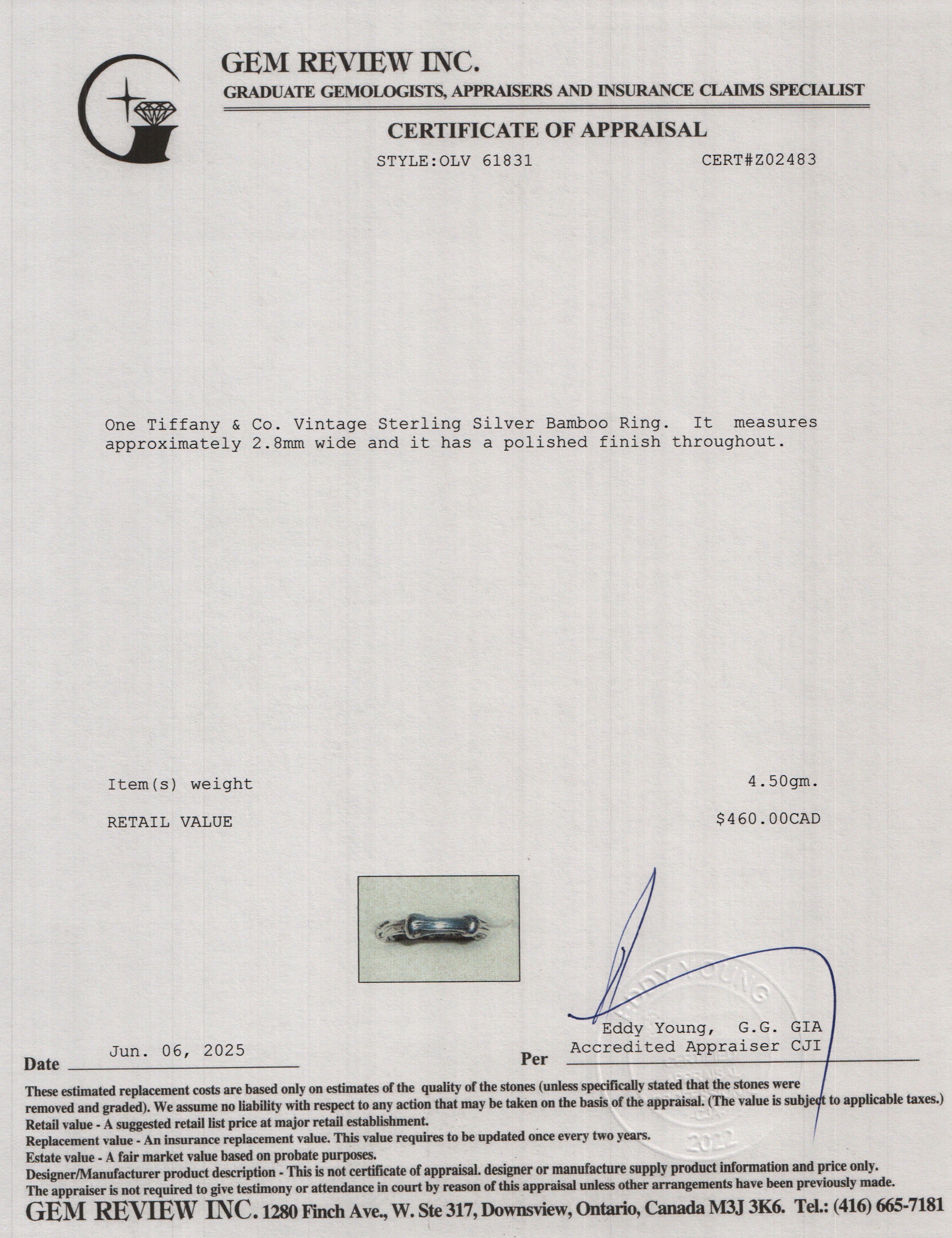 Tiffany & Co. Vintage Sterling Silver Bamboo Ring, Size 4