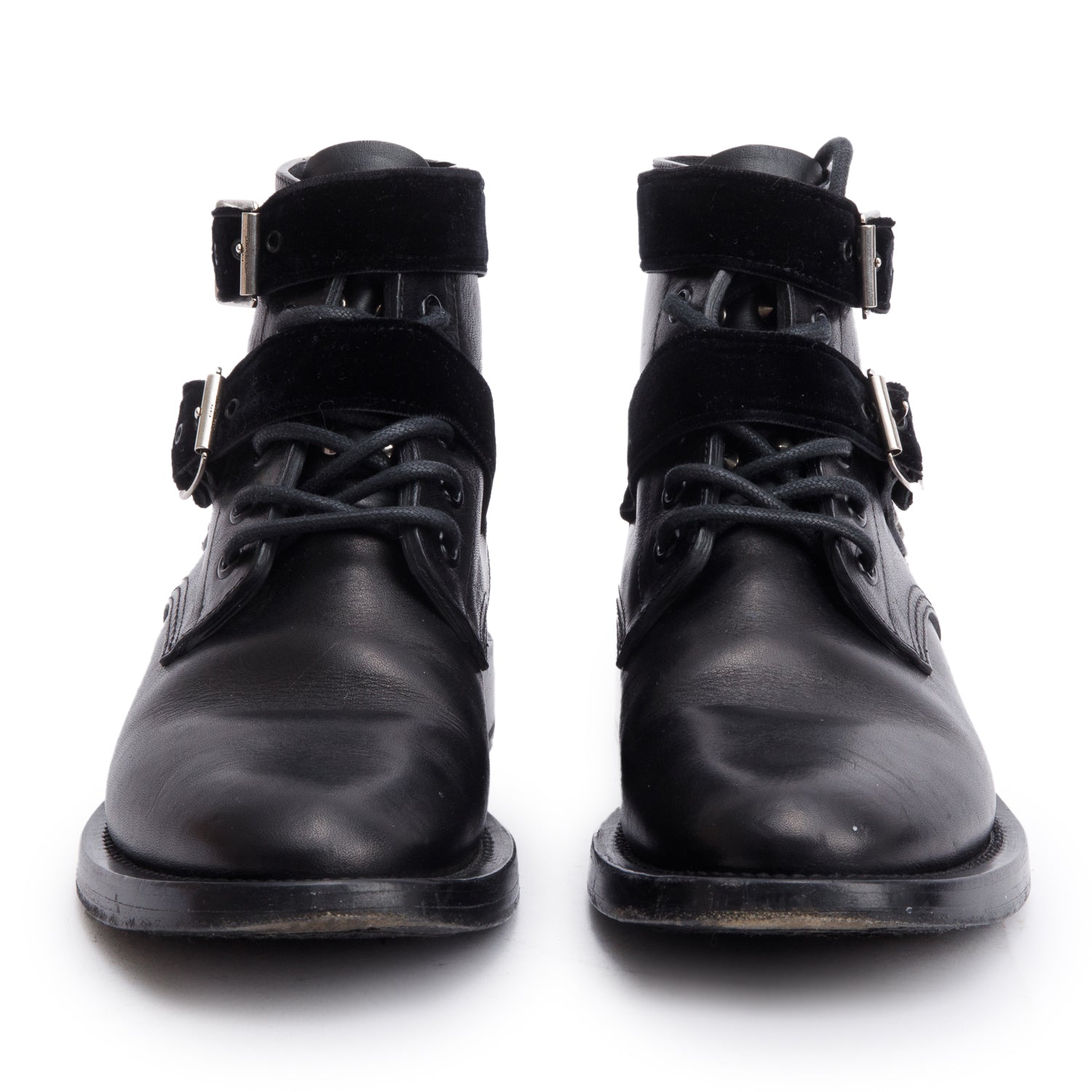 Saint Laurent Black Leather Studded Combat Ankle Boots, Size 37.5