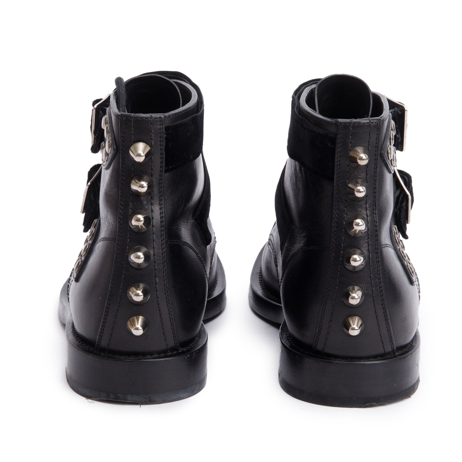 Saint Laurent Black Leather Studded Combat Ankle Boots, Size 37.5