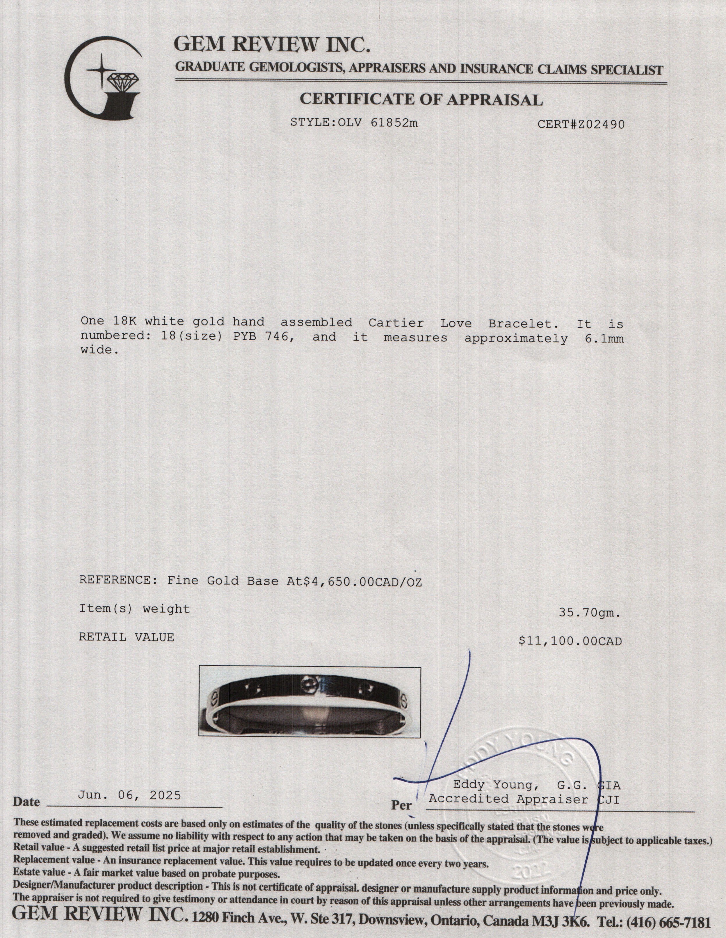 Cartier 2022 18k White Gold Love Bracelet, Size 18 w/ Box & Certificate