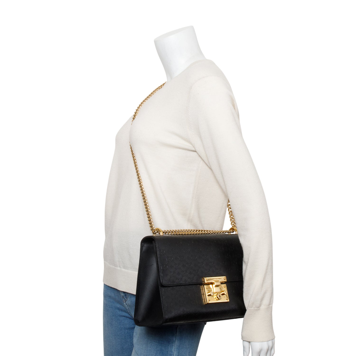 Gucci Black Embossed GG Bees Leather Medium Padlock Bag