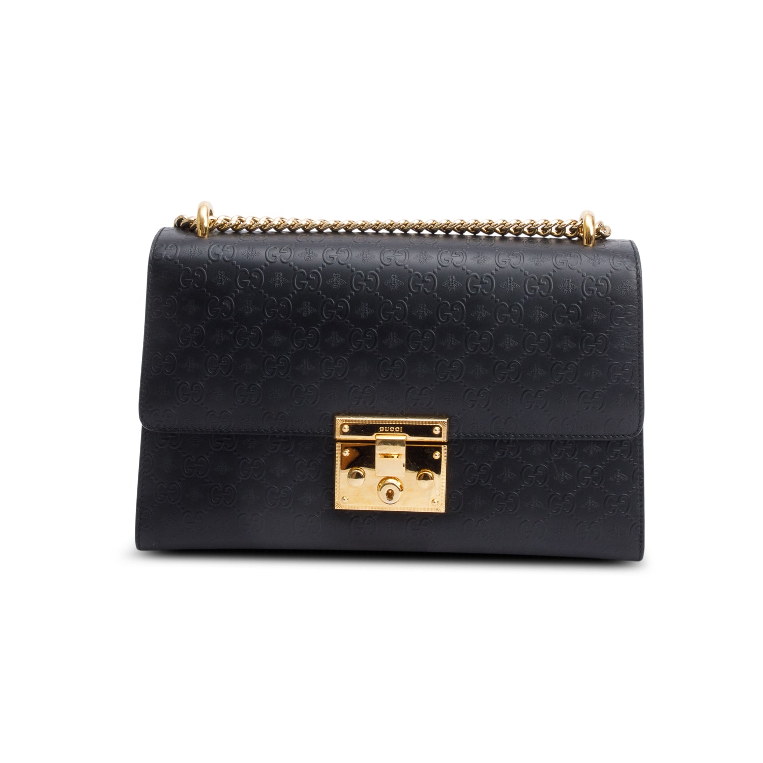 Gucci Black Embossed GG Bees Leather Medium Padlock Bag