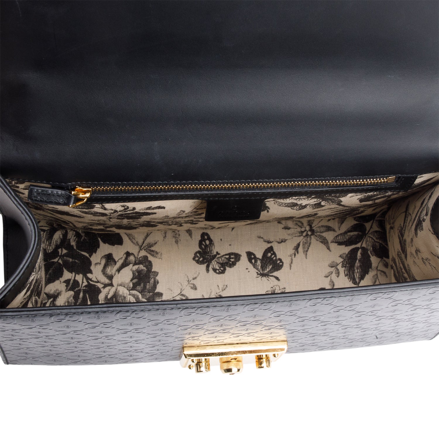 Gucci Black Embossed GG Bees Leather Medium Padlock Bag