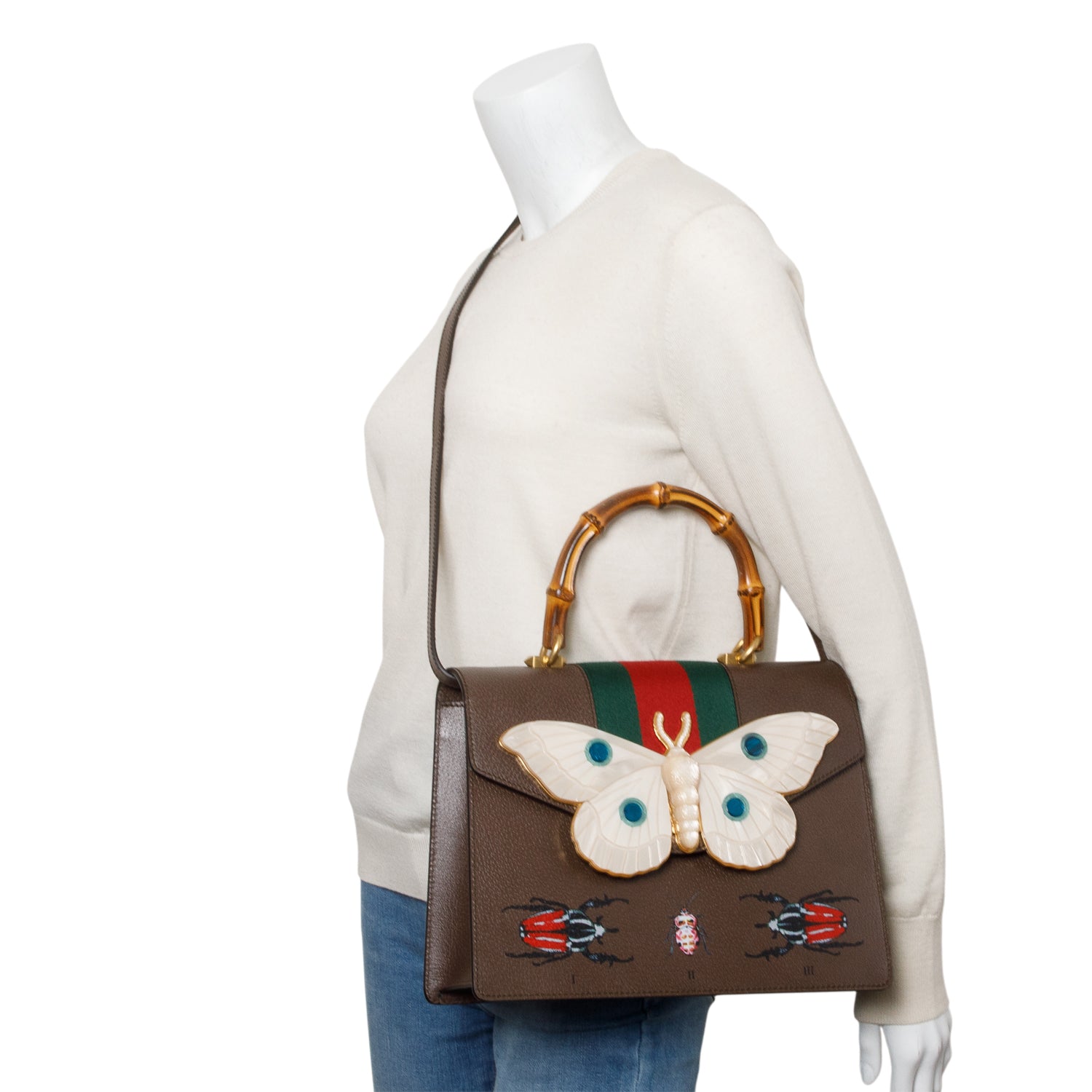 Gucci Brown Leather Mother of Pearl Felena Bamboo Medium Top Handle Bag w/ Strap & Box