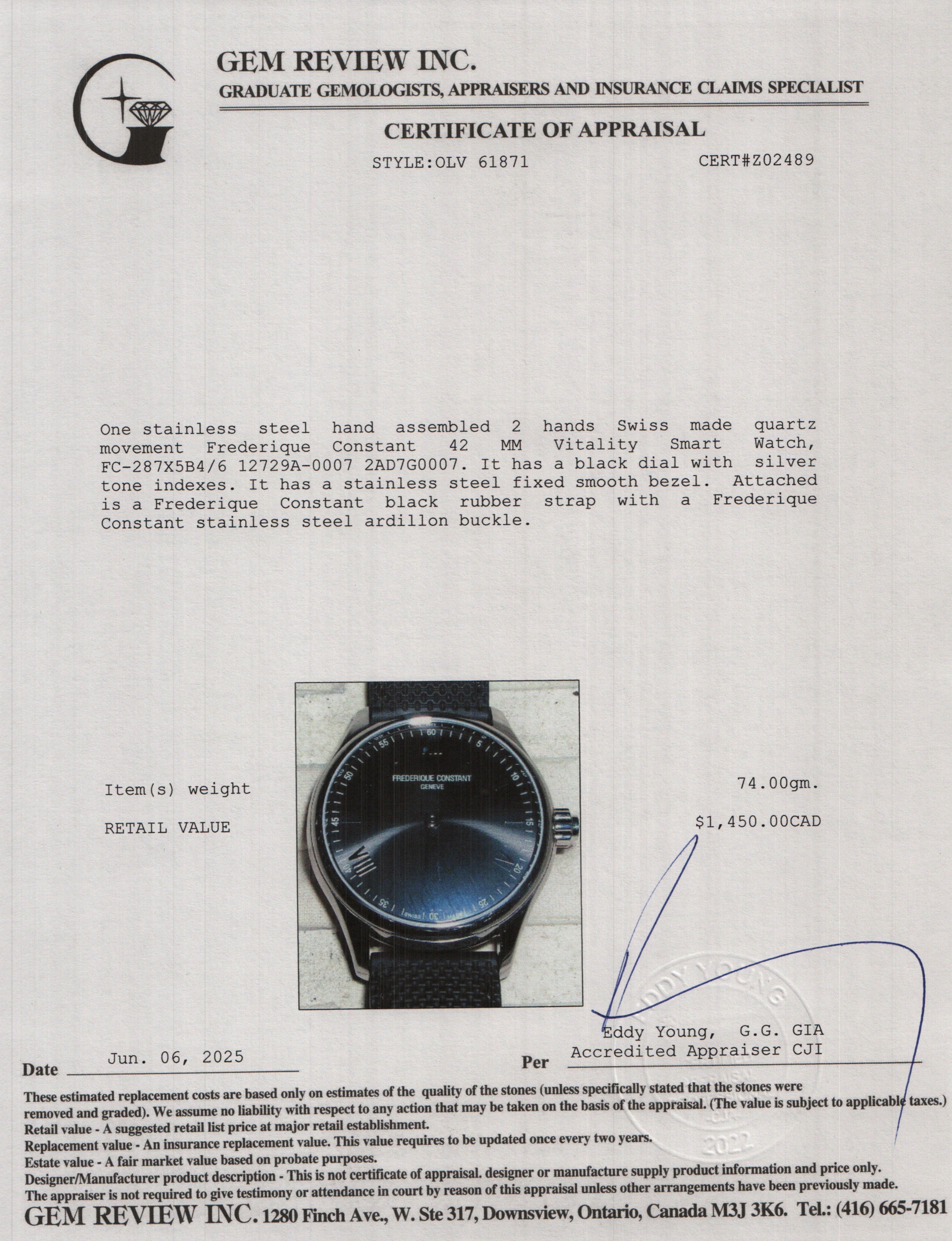 Frederique Constant Stainless Steel 42 MM Vitality Smart Watch w/ Box, Charger & Papers