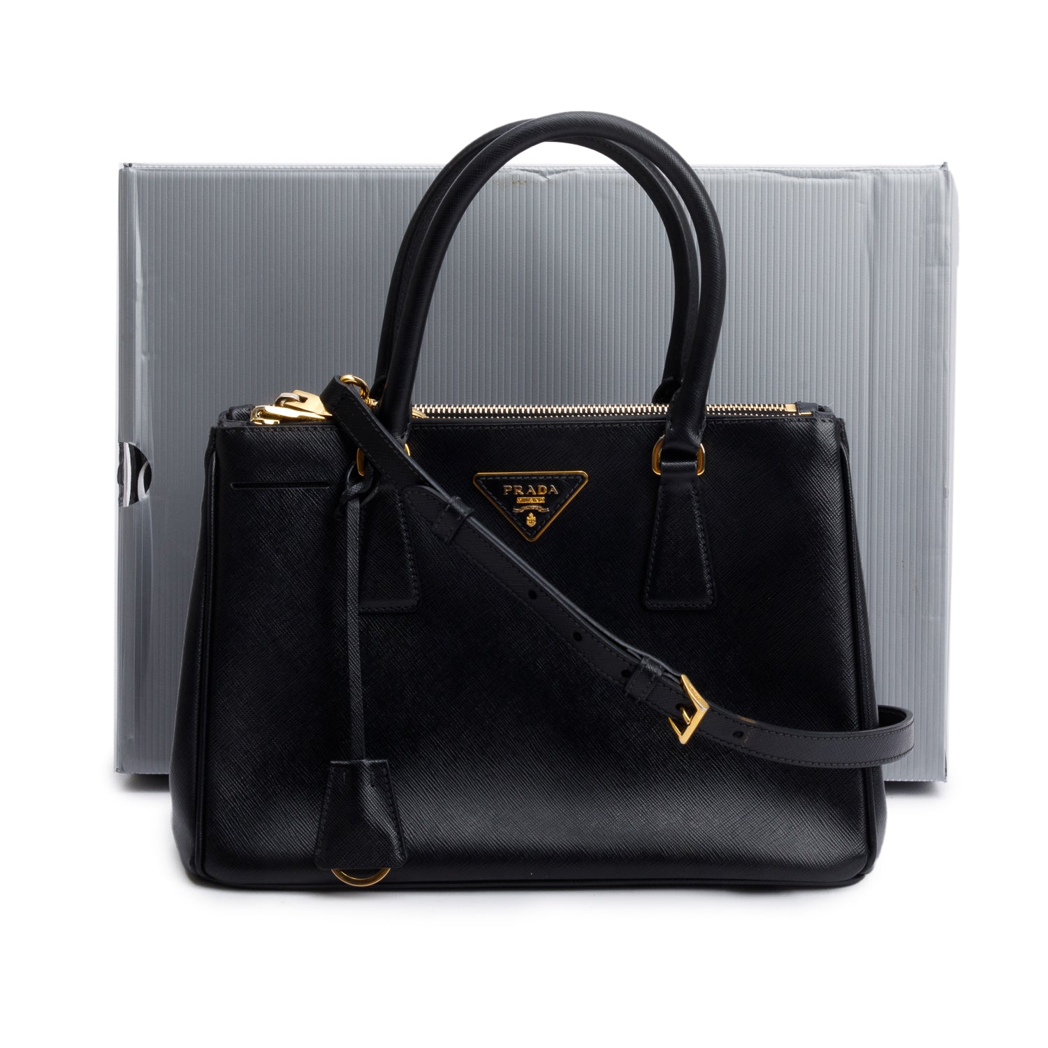 Prada Black Saffiano Leather Small Double Zip Galleria Tote w/ Strap, Box & Authentiity Card