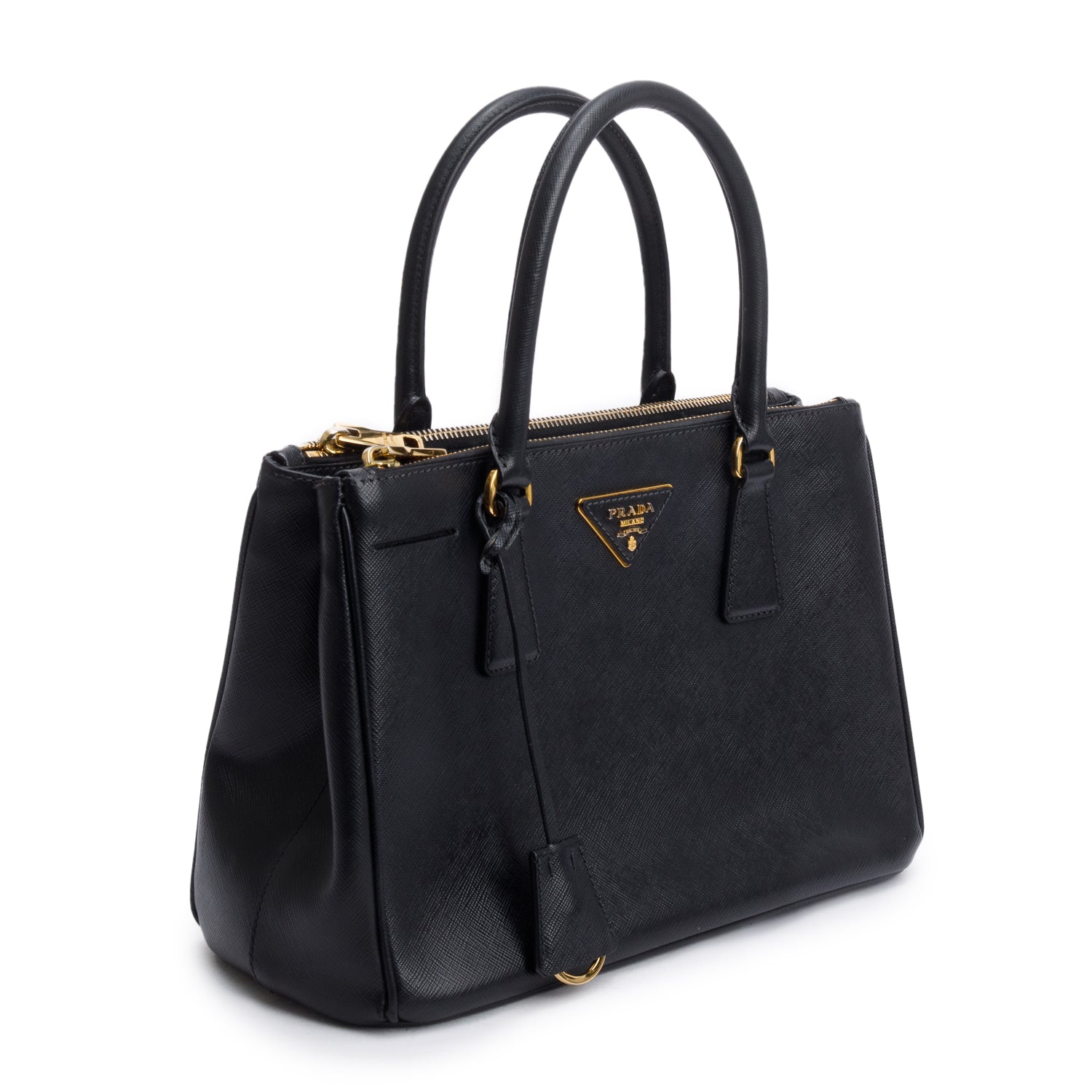 Prada Black Saffiano Leather Small Double Zip Galleria Tote w/ Strap, Box & Authentiity Card