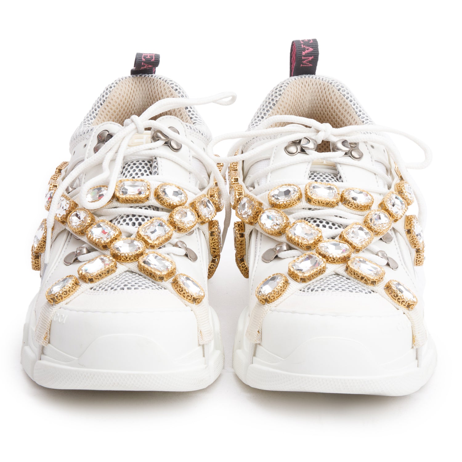 Gucci White Leather Crystal Flashtrek Chunky Sneakers, Size 40 w/ Box