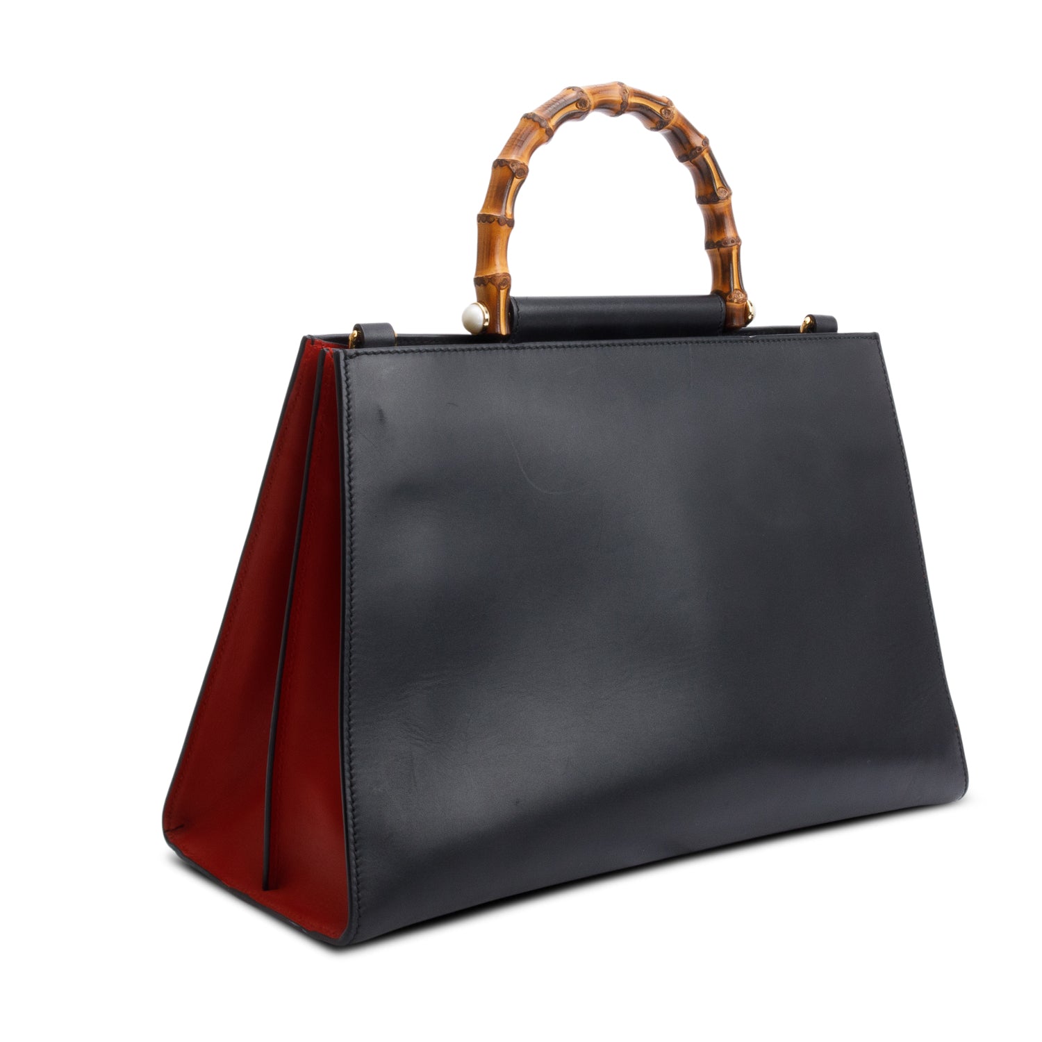 Gucci Black Leather Bamboo Large Nymphaea Handle Bag w/ Strap