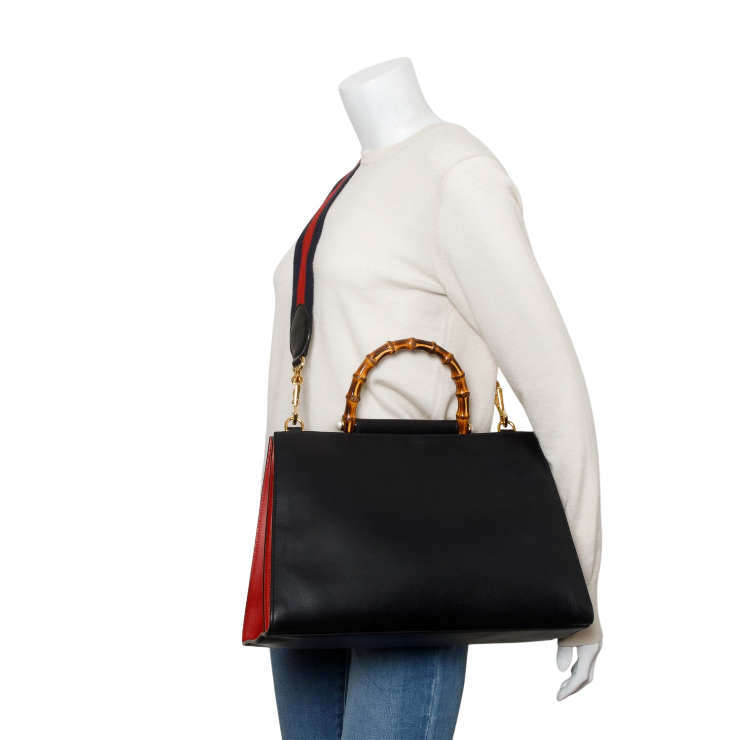 Gucci Black Leather Bamboo Large Nymphaea Handle Bag w/ Strap