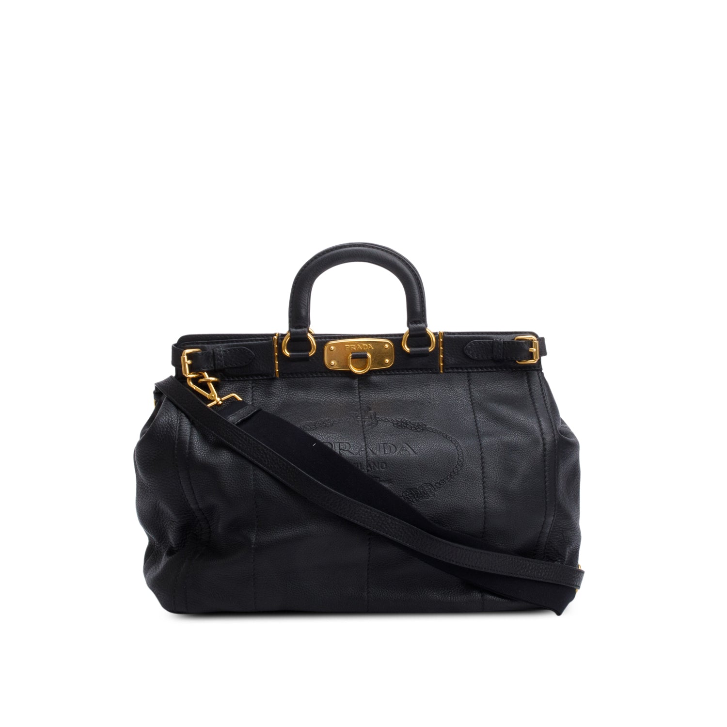 Prada Black Vitello Daino Leather Borsa Carniera Logo Frame Tote w/ Straps