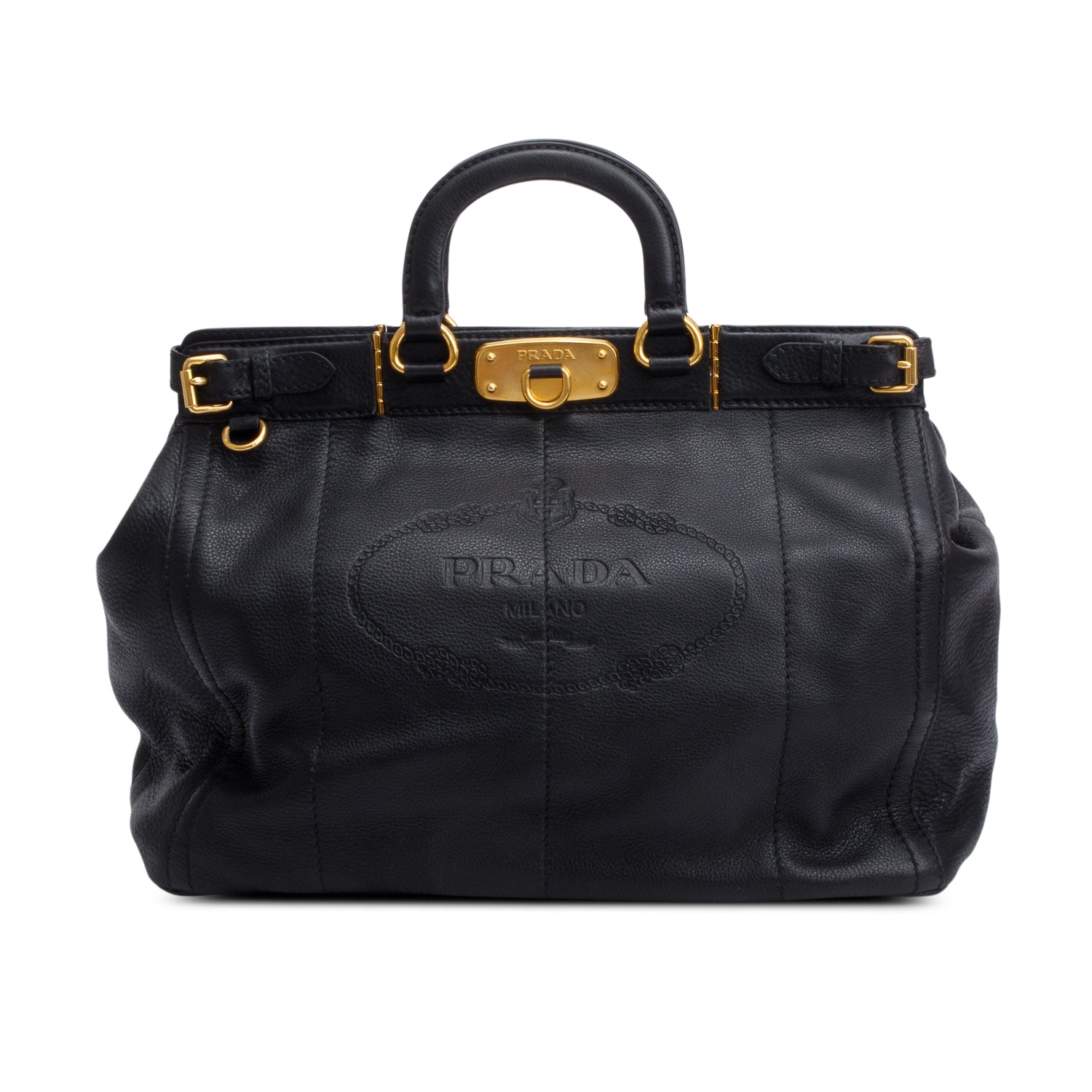 Prada Black Vitello Daino Leather Borsa Carniera Logo Frame Tote w/ Straps