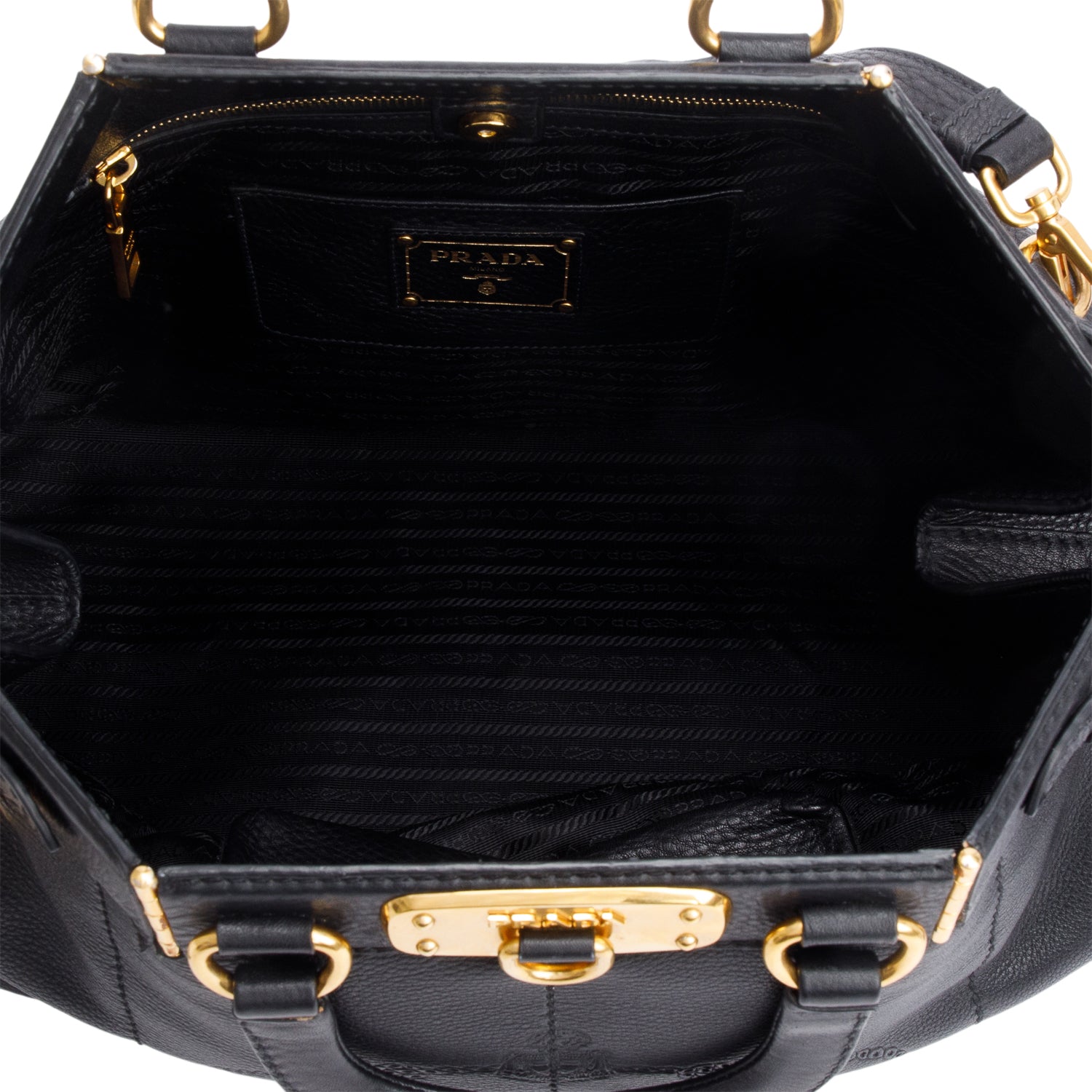 Prada Black Vitello Daino Leather Borsa Carniera Logo Frame Tote w/ Straps