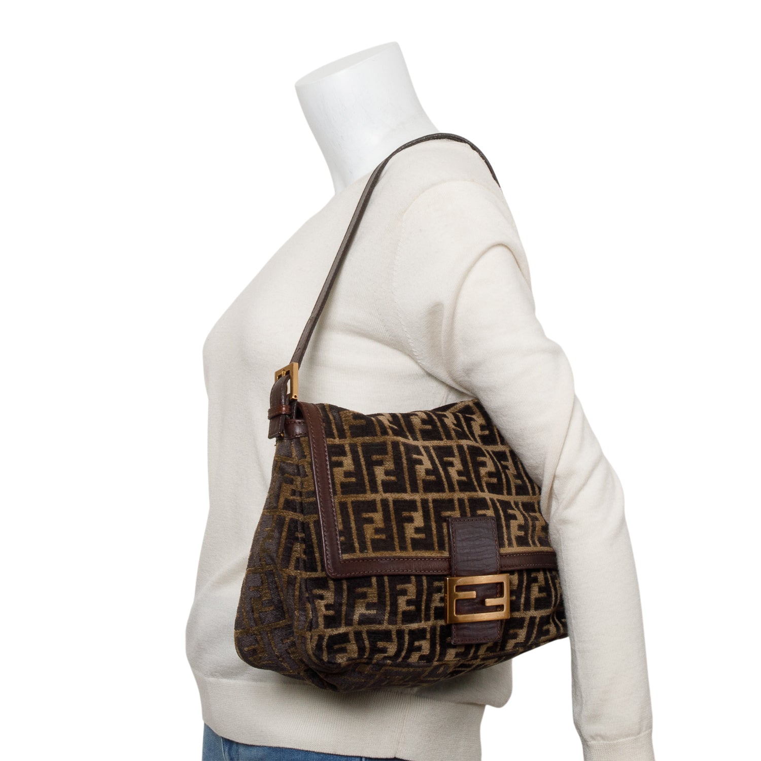 Fendi Brown FF Zucca Wool Brown Leather Trim Baguette Shoulder Bag