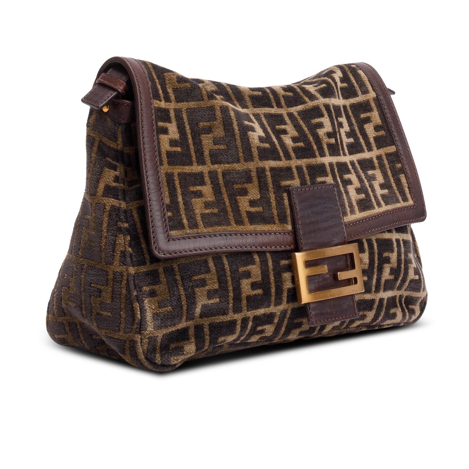 Fendi Brown FF Zucca Wool Brown Leather Trim Baguette Shoulder Bag