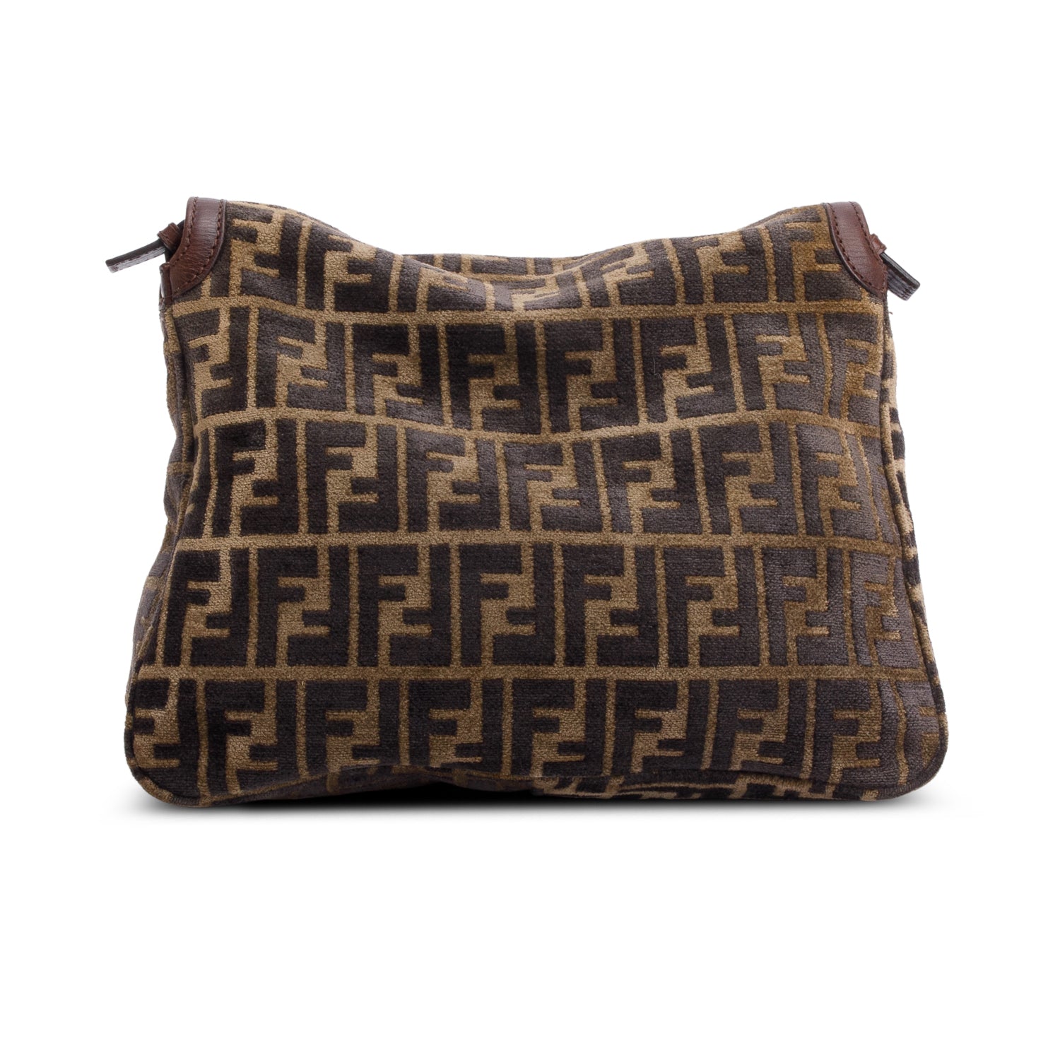 Fendi Brown FF Zucca Wool Brown Leather Trim Baguette Shoulder Bag