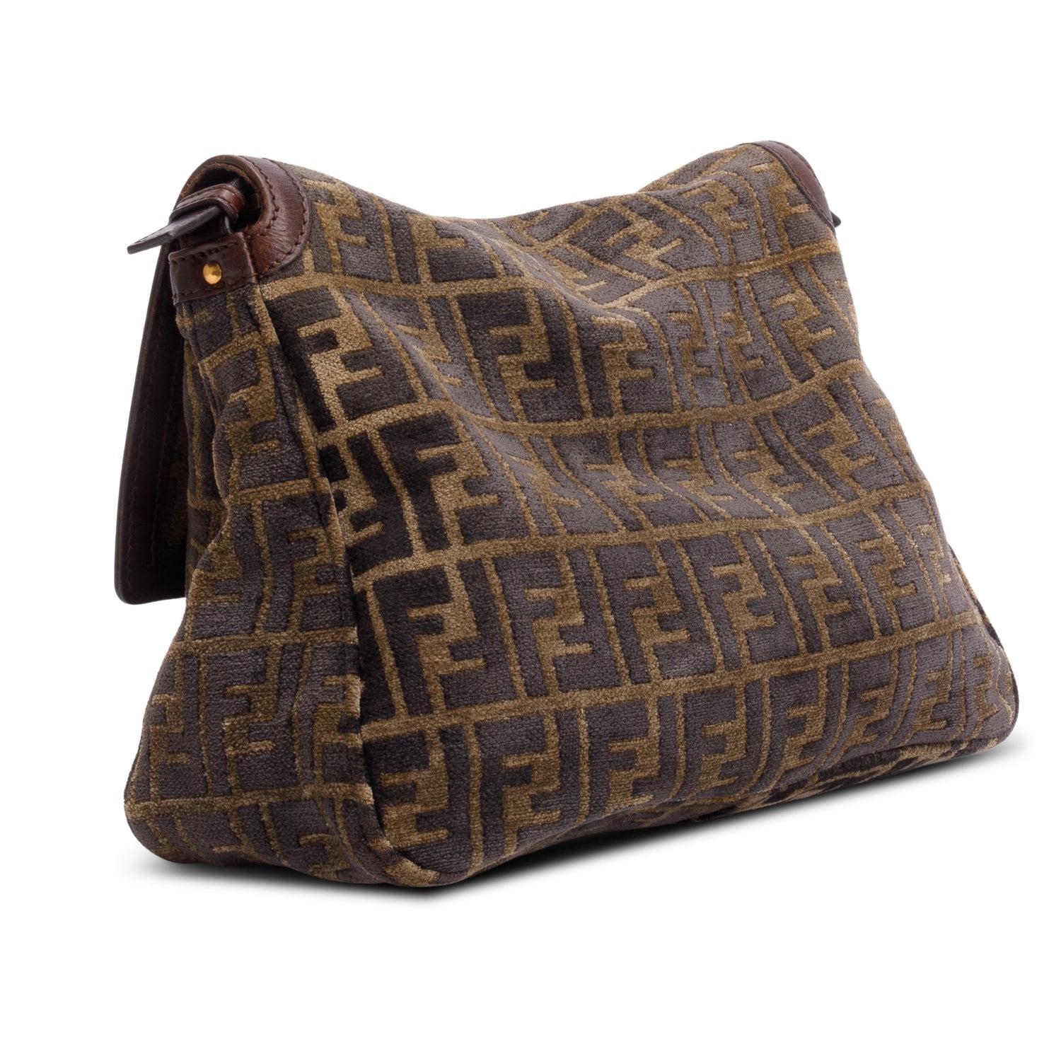 Fendi Brown FF Zucca Wool Brown Leather Trim Baguette Shoulder Bag