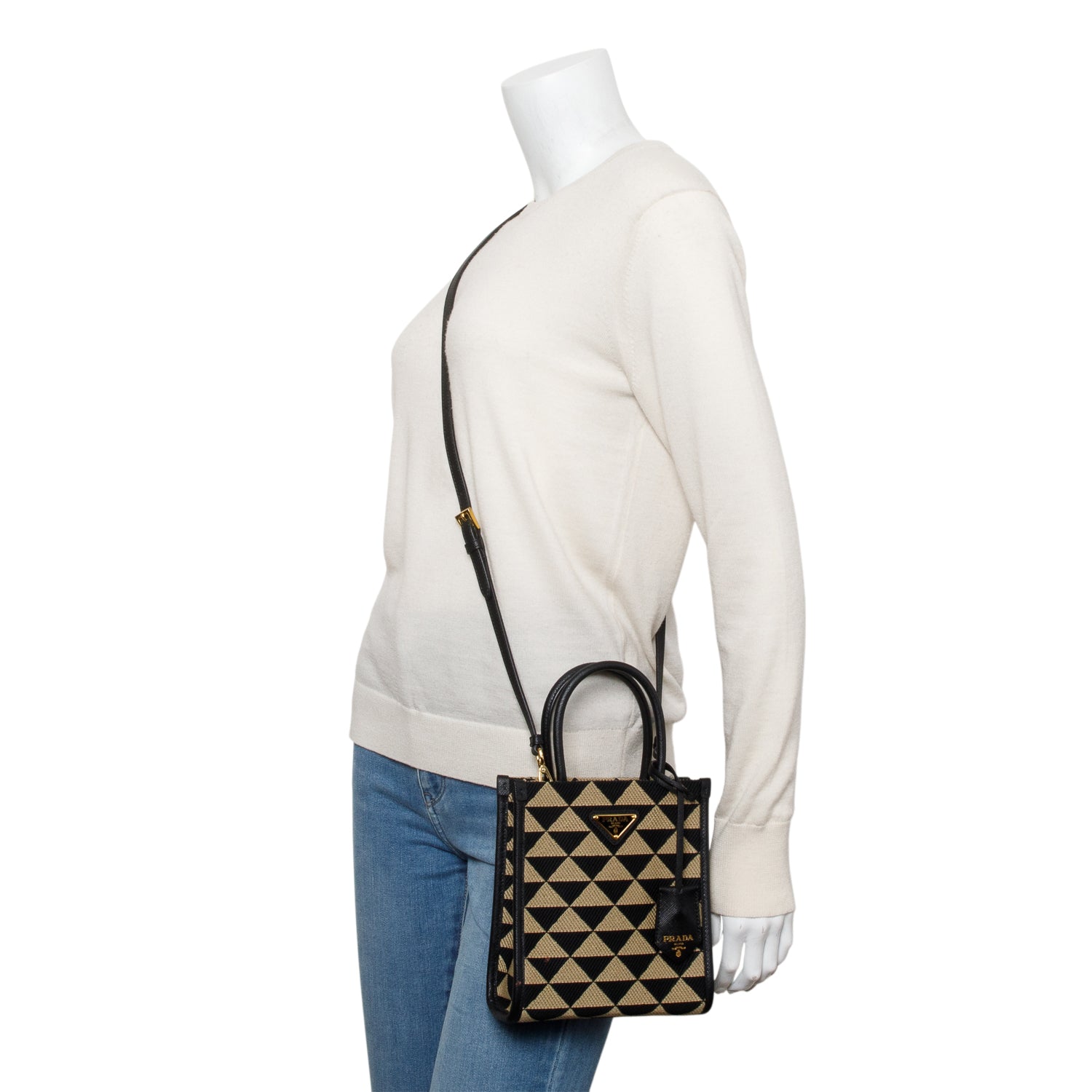 Prada Beige/Black Embroidered Fabric Mini Symbole Bag w/ Strap