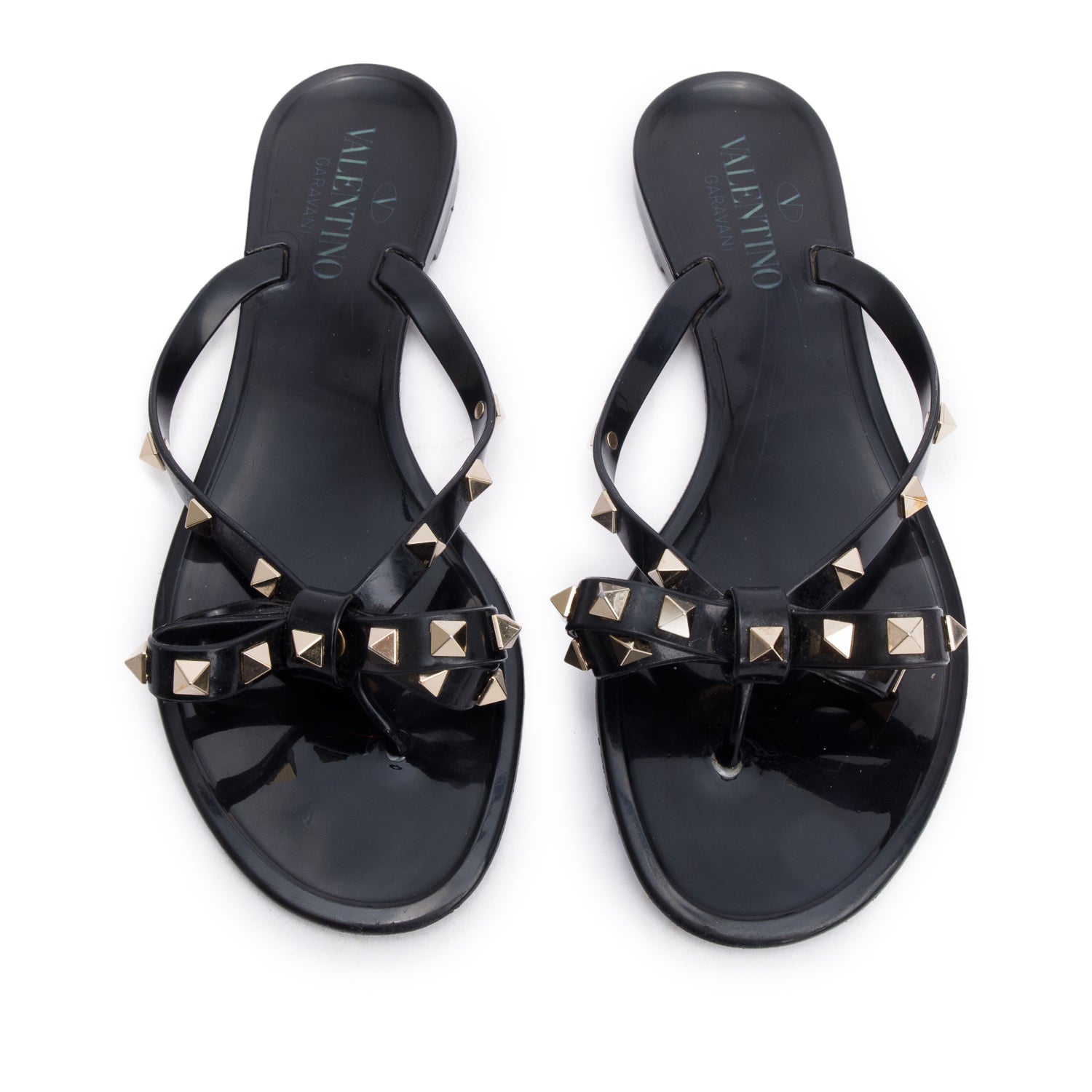 Valentino Black Rubber Bow Rockstud Jelly Thong Sandals, Size 37