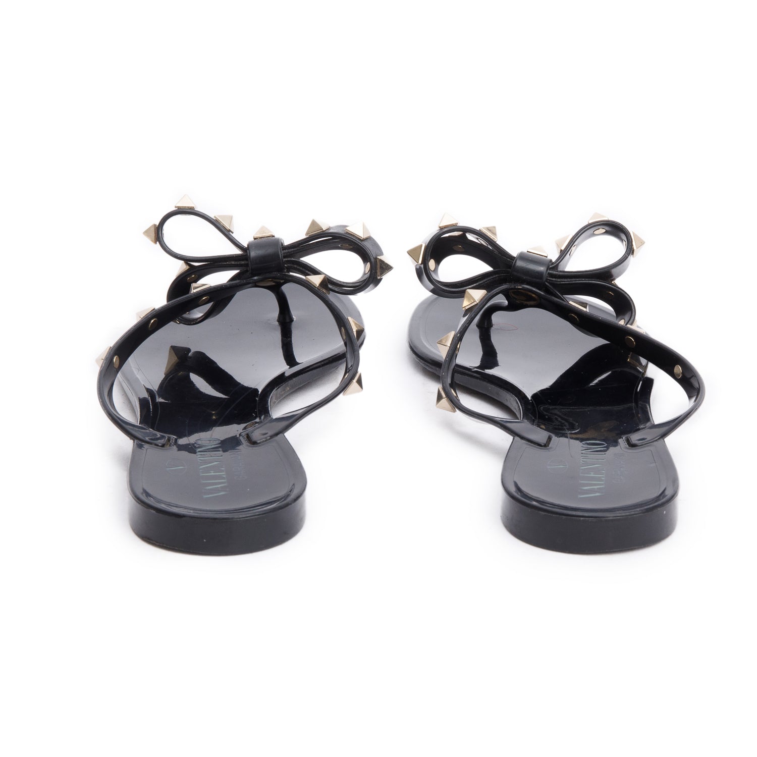 Valentino Black Rubber Bow Rockstud Jelly Thong Sandals, Size 37