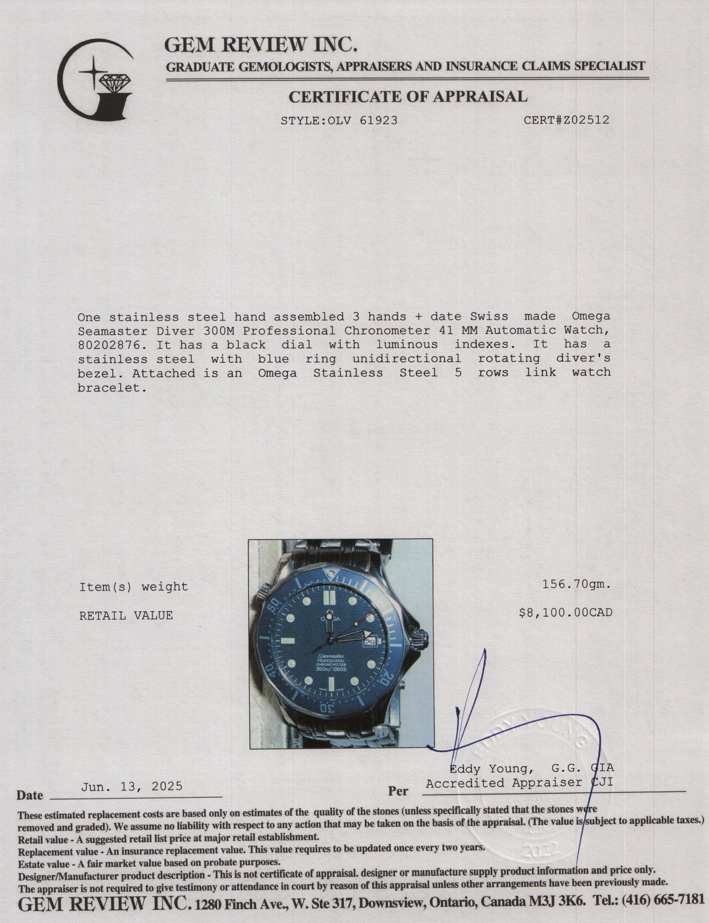 Omega Stainless Steel Seamaster Diver 300M Professional Chronometer 41 MM Automatic Watch w/ Box & Service Paper