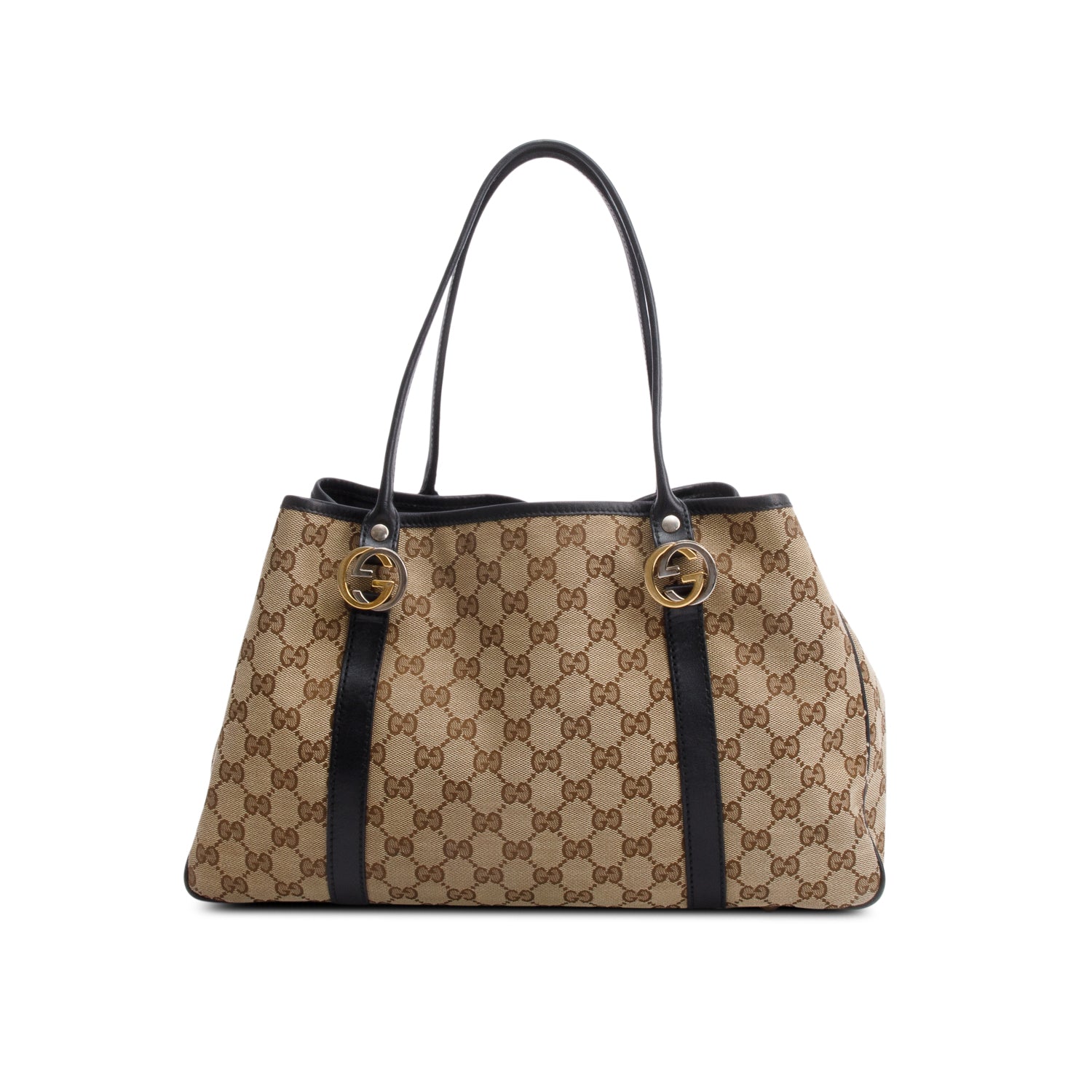 Gucci Brown Leather Trim GG Canvas Medium Twin Tote