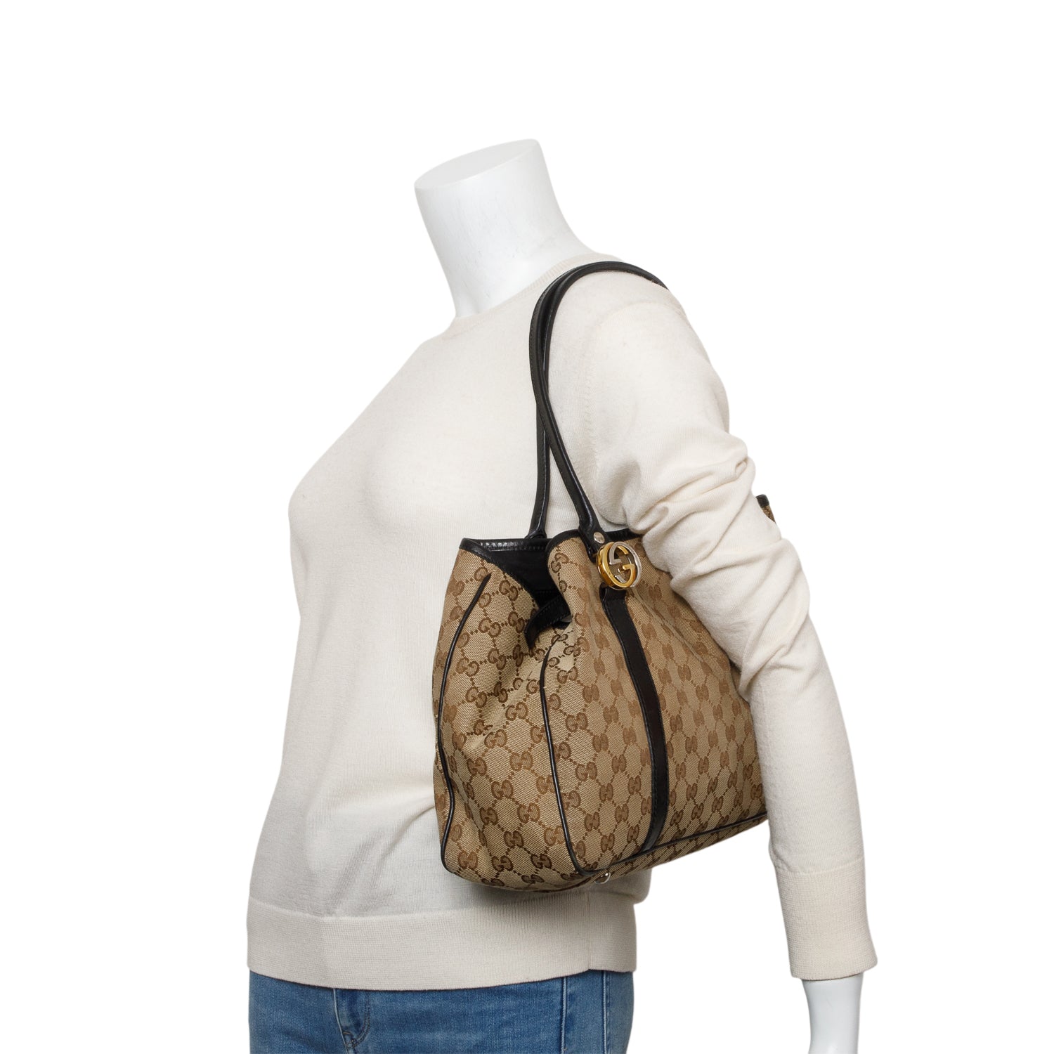 Gucci Brown Leather Trim GG Canvas Medium Twin Tote
