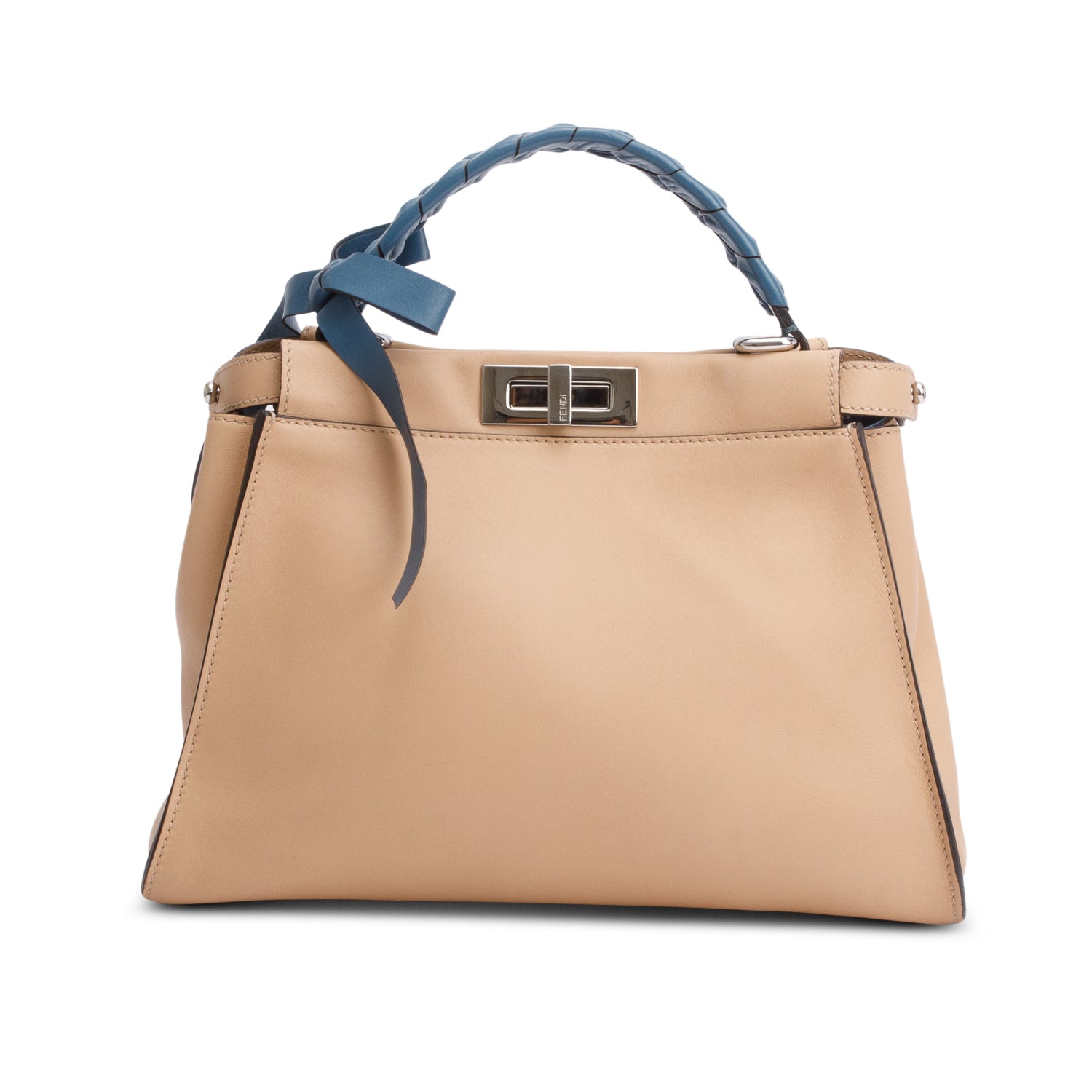 Fendi Beige Calfskin Leather Medium Peekaboo Blue Ribbon Bag w/ Studded Wide Strap