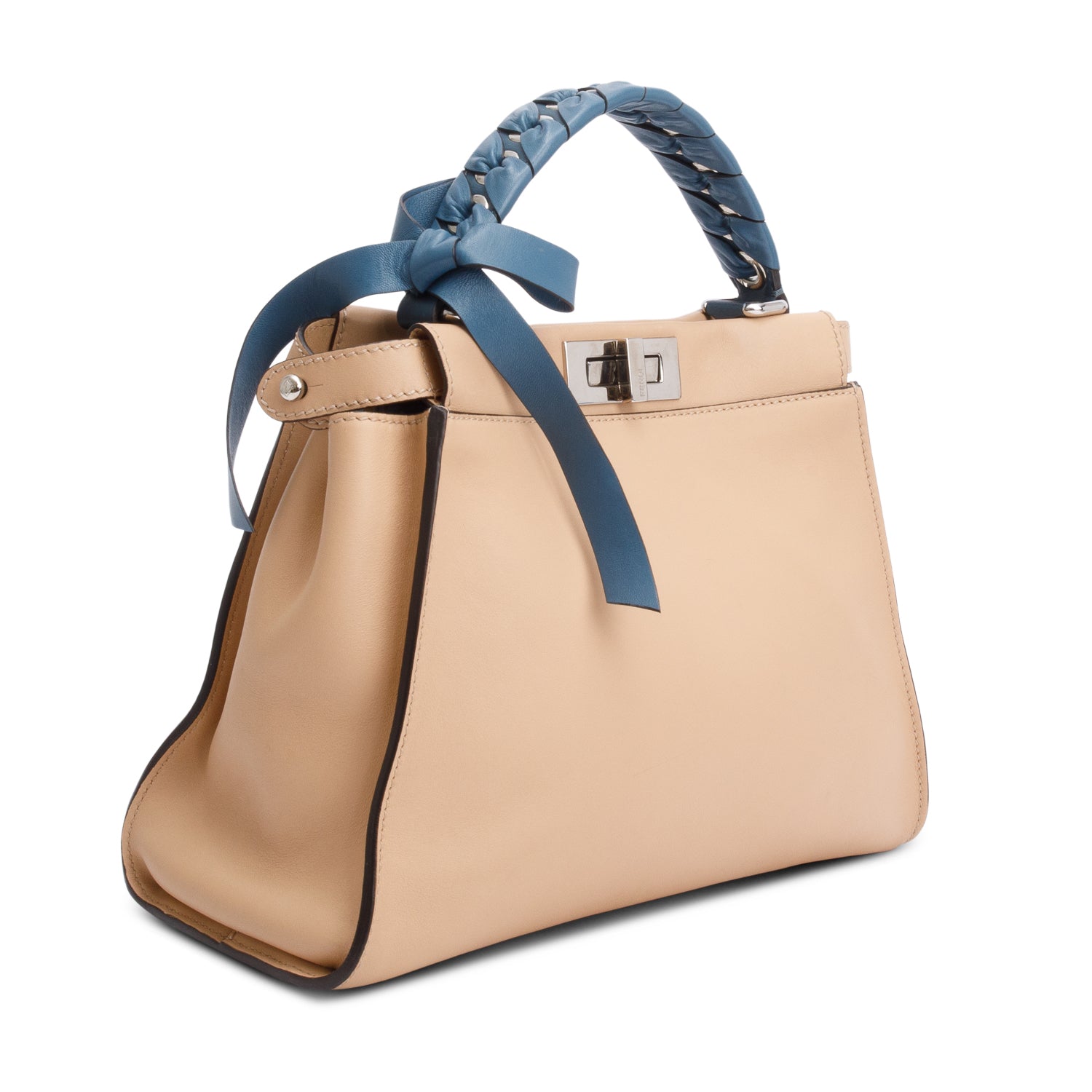 Fendi Beige Calfskin Leather Medium Peekaboo Blue Ribbon Bag w/ Studded Wide Strap