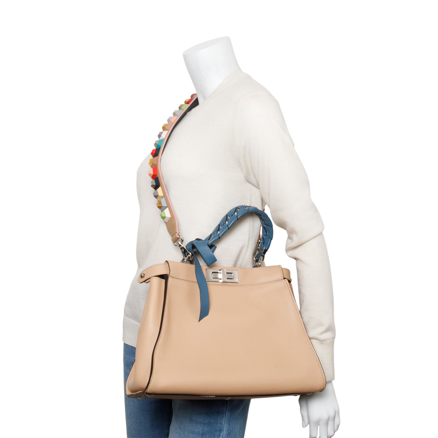 Fendi Beige Calfskin Leather Medium Peekaboo Blue Ribbon Bag w/ Studded Wide Strap