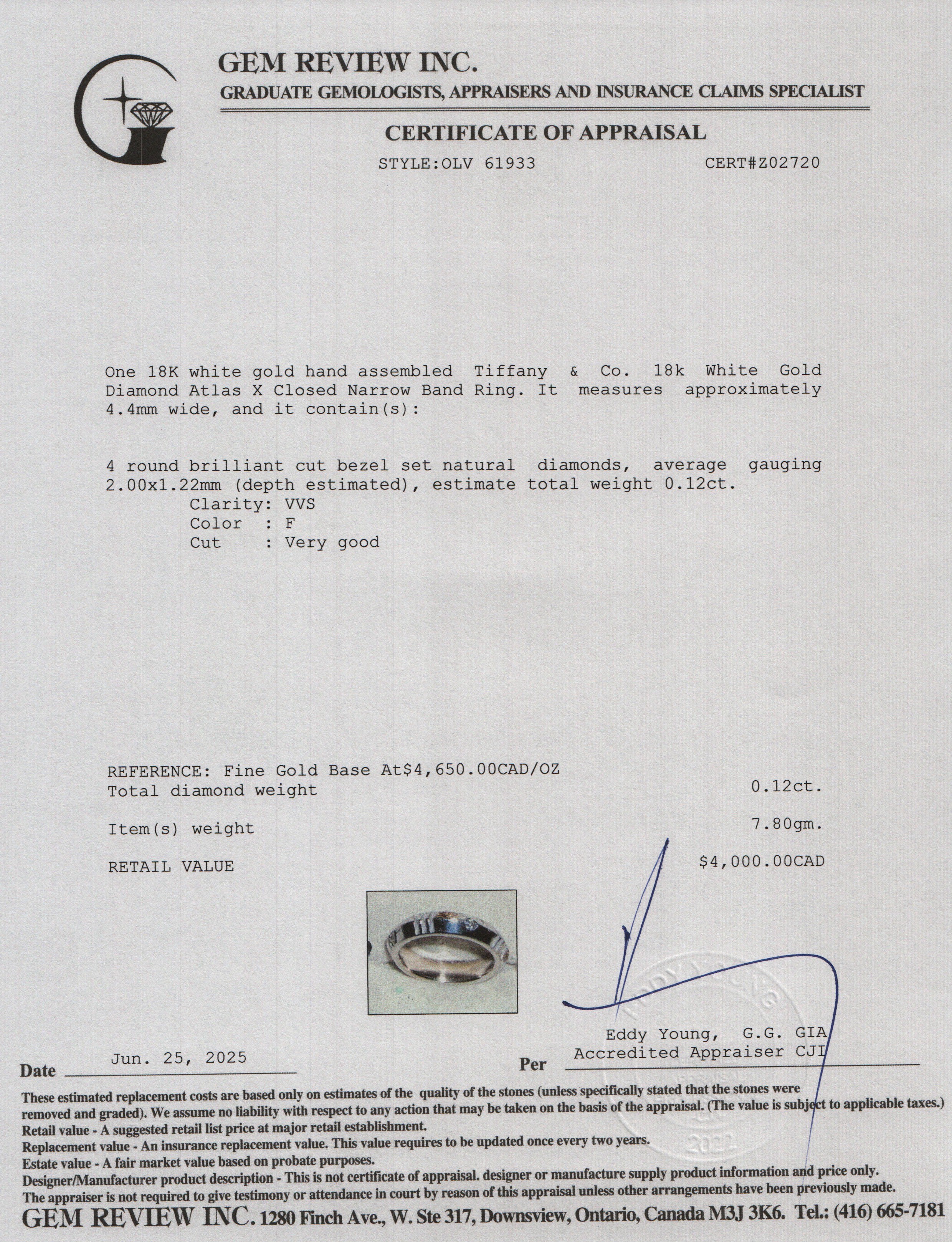 Tiffany & Co. 18k White Gold Diamond Atlas X Closed Narrow Band Ring, Size 6 w/ Box