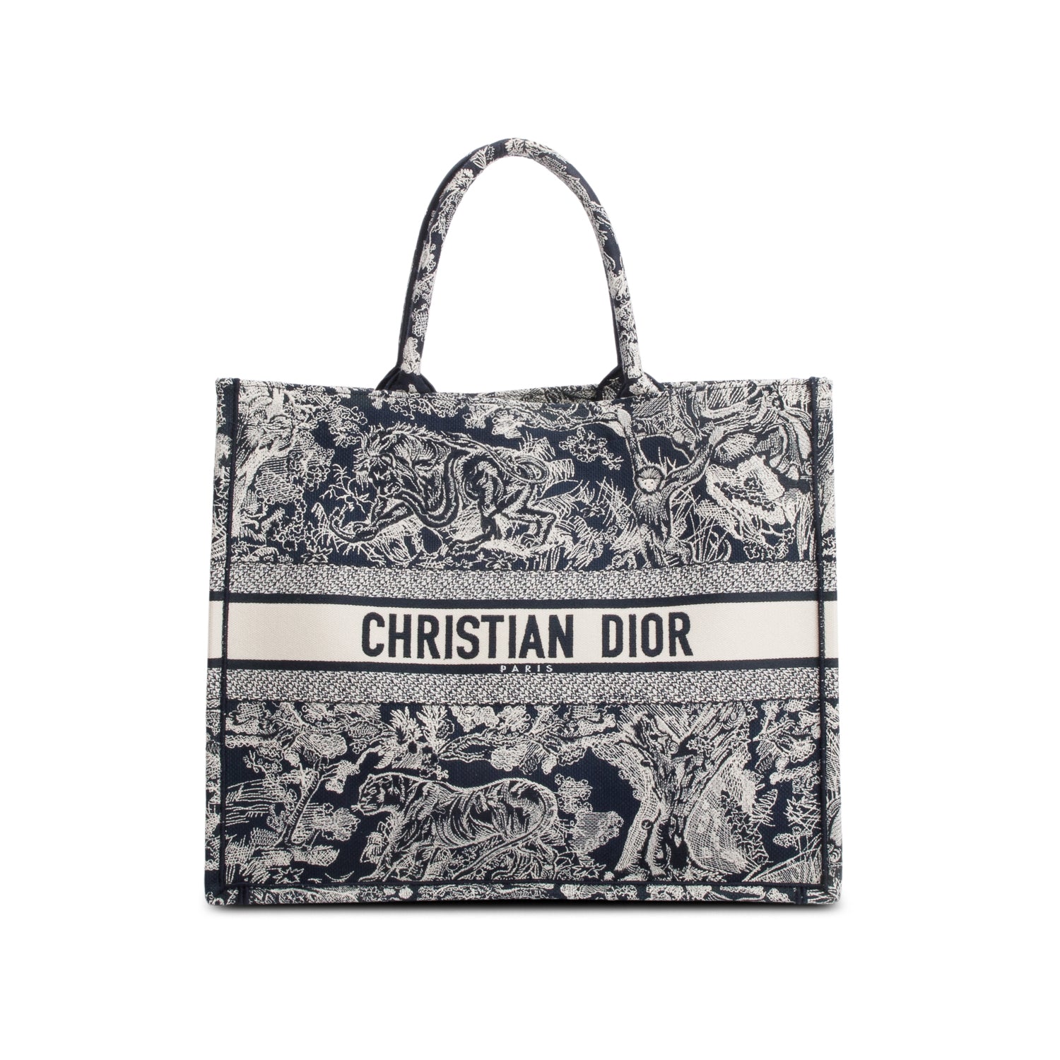 Christian Dior 2022 Large Ecru and Blue Toile de Jouy Embroidery Canvas Book Tote w/ Authenticity Card
