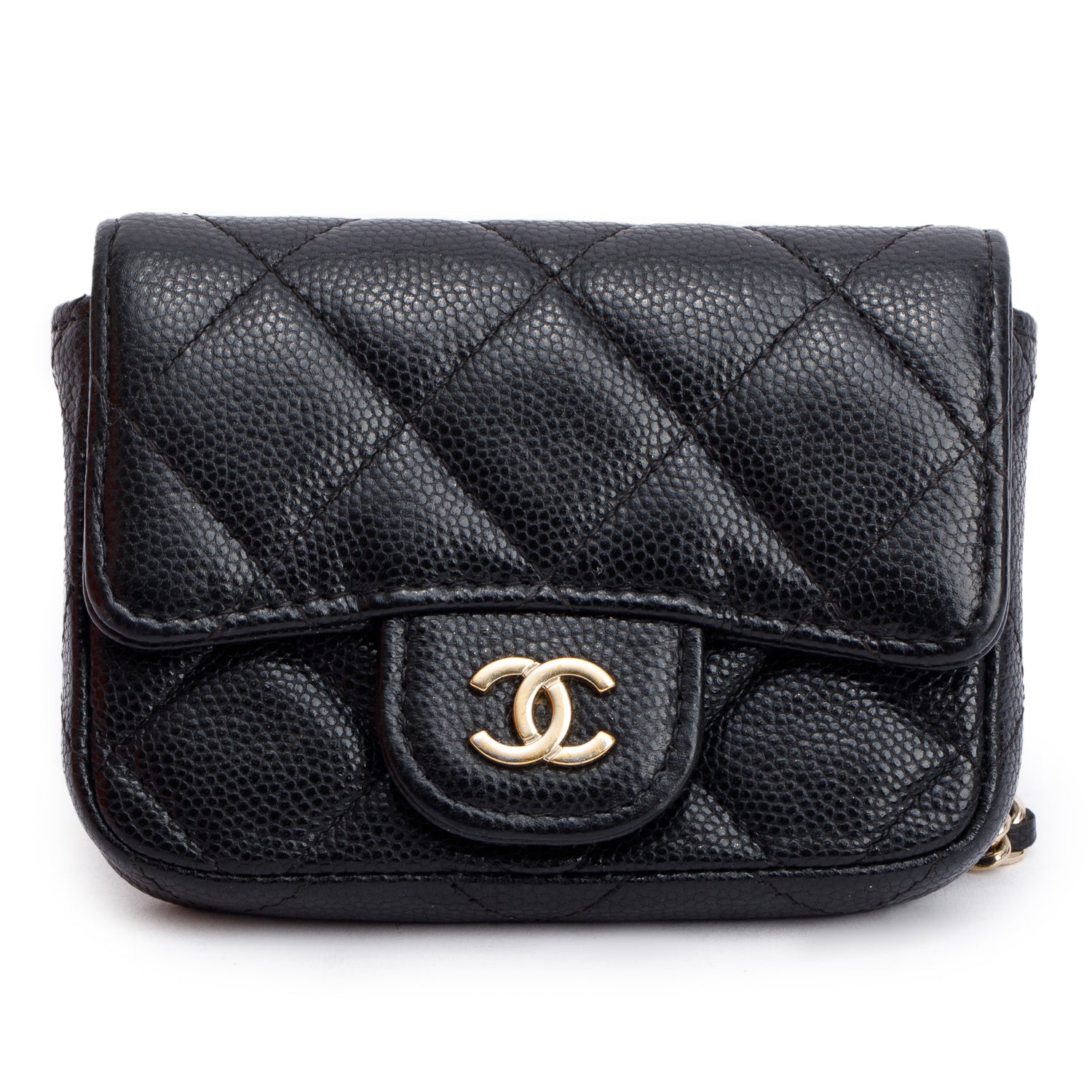 Chanel 2020 Black Quilted Caviar Leather Classic Card Holder Chain Belt Bag