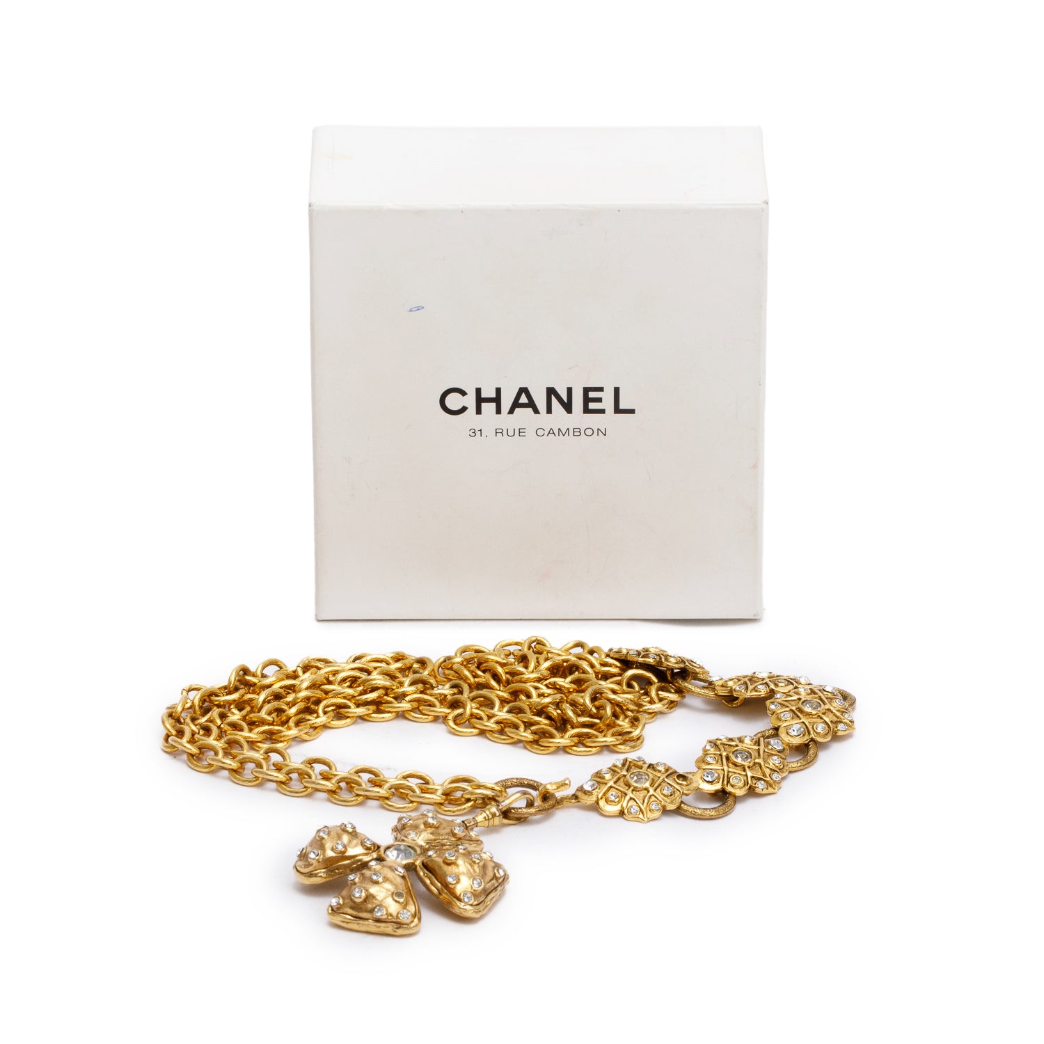 Chanel Vintage Gold-Plated Crystal Double Strand Chain-Link Belt w/ Box