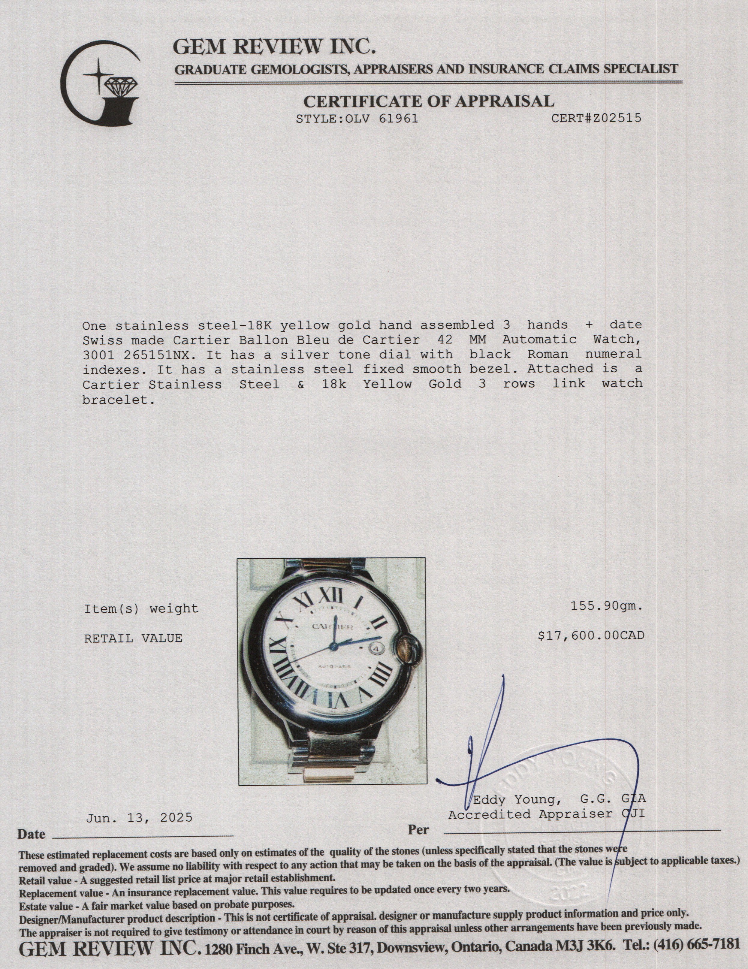 Cartier Stainless Steel & 18k Yellow Gold Ballon Bleu de Cartier 42 MM Automatic Watch 3001 w/ Box & Papers