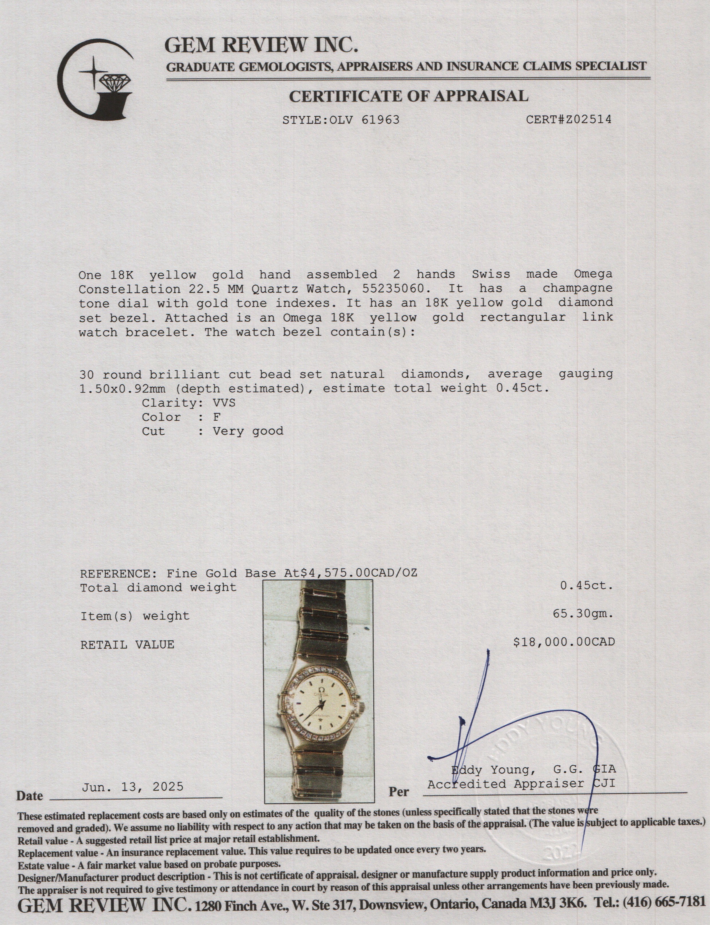 Omega 18k Yellow Gold Diamond Bezel Constellation 22.5 MM Quartz Watch w/ Box & Papers