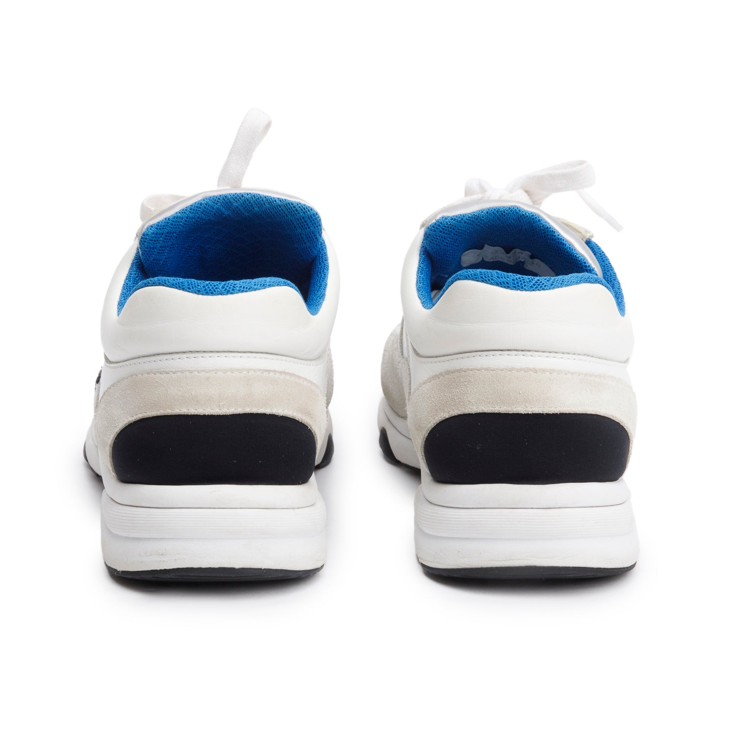 Chanel White/Black Calfskin Suede Silver Patent Leather Interlocking CC Logo Sneakers, Size 39