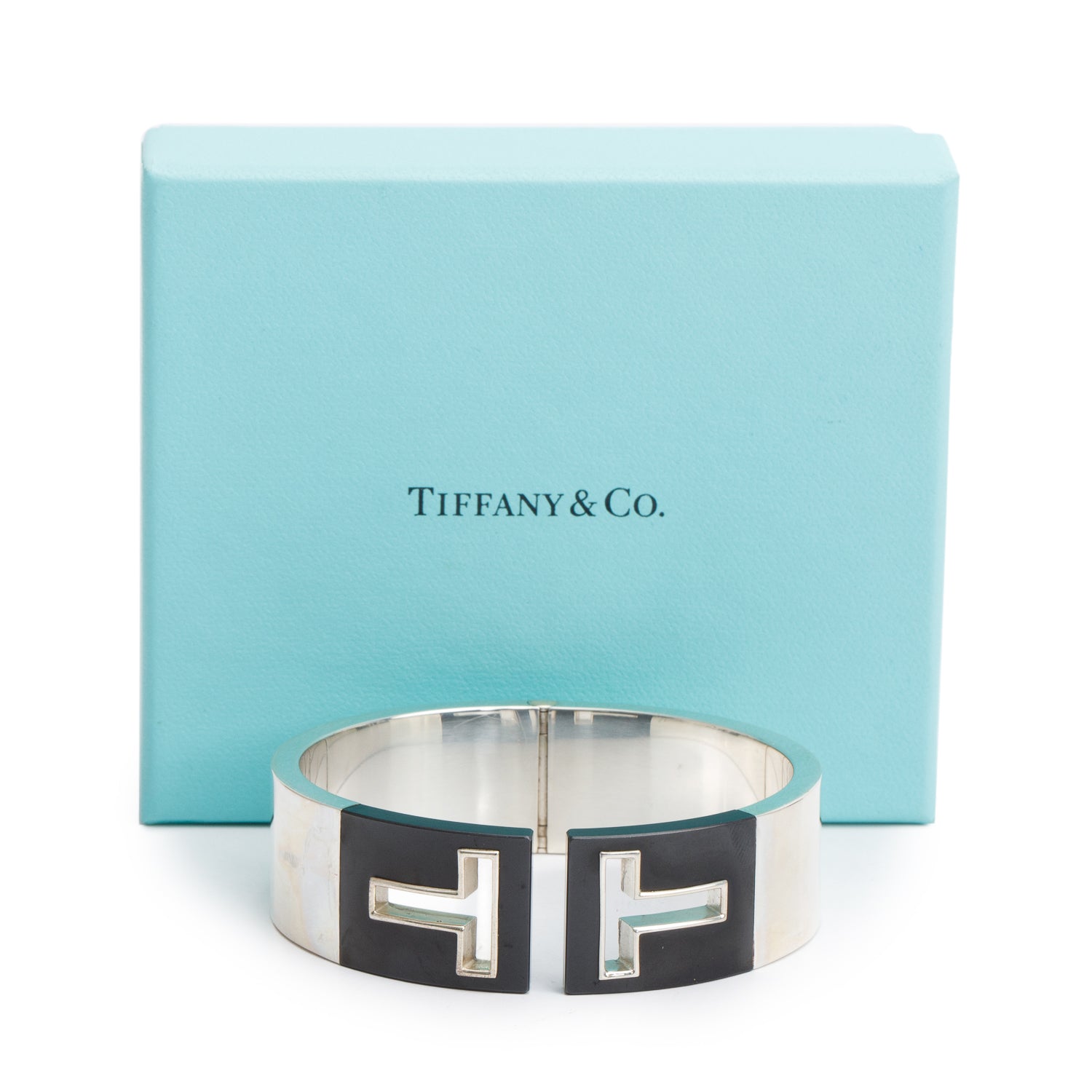 Tiffany & Co. Sterling Silver & Black Ceramic T Cutout Cuff Bracelet w/ Box