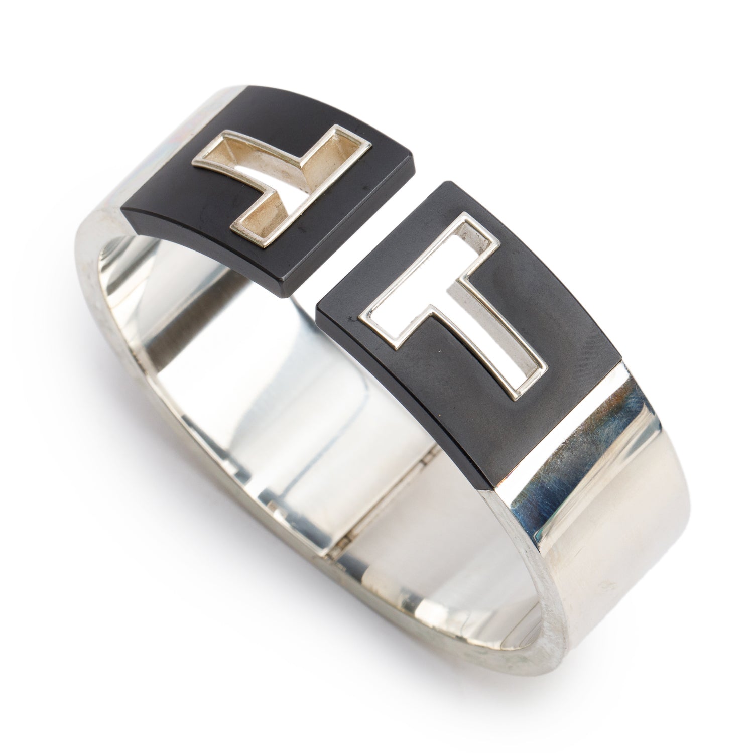 Tiffany & Co. Sterling Silver & Black Ceramic T Cutout Cuff Bracelet w/ Box